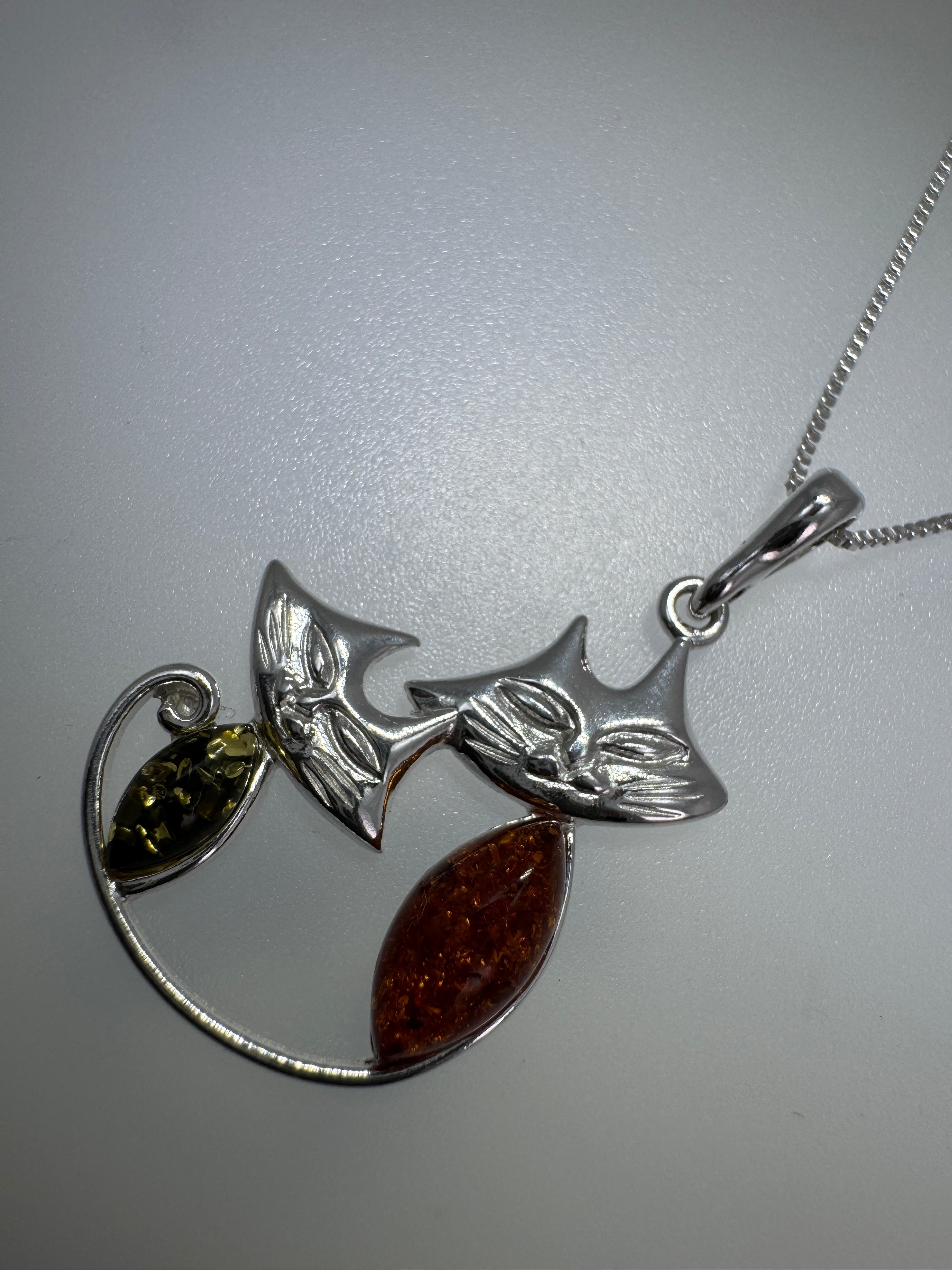 Handmade Sterling Silver Two Cats Pendant with Honey & Green Baltic Amber | Whimsical Kitty Necklace | Made in Poland