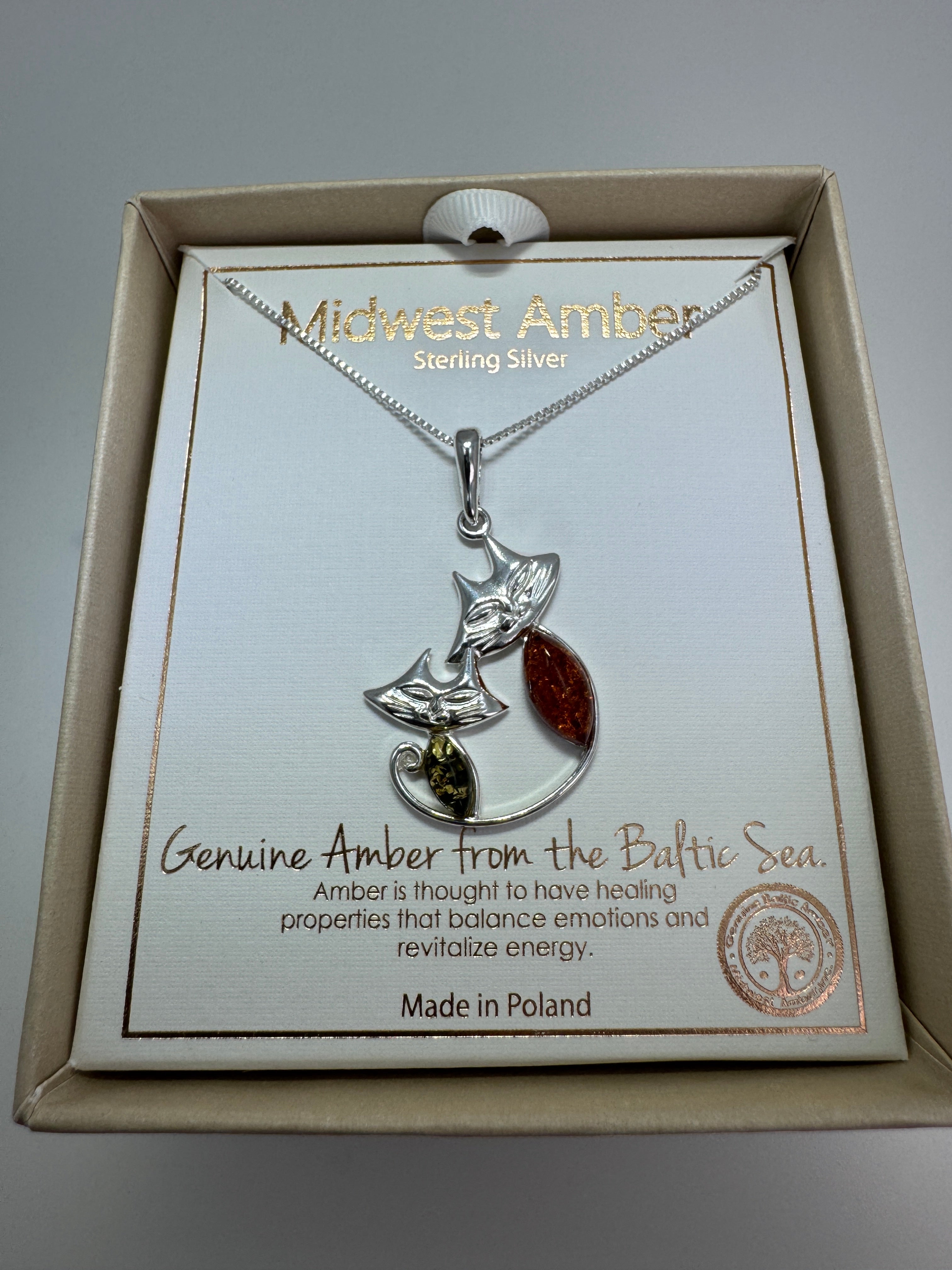 Handmade Sterling Silver Two Cats Pendant with Honey & Green Baltic Amber | Whimsical Kitty Necklace | Made in Poland