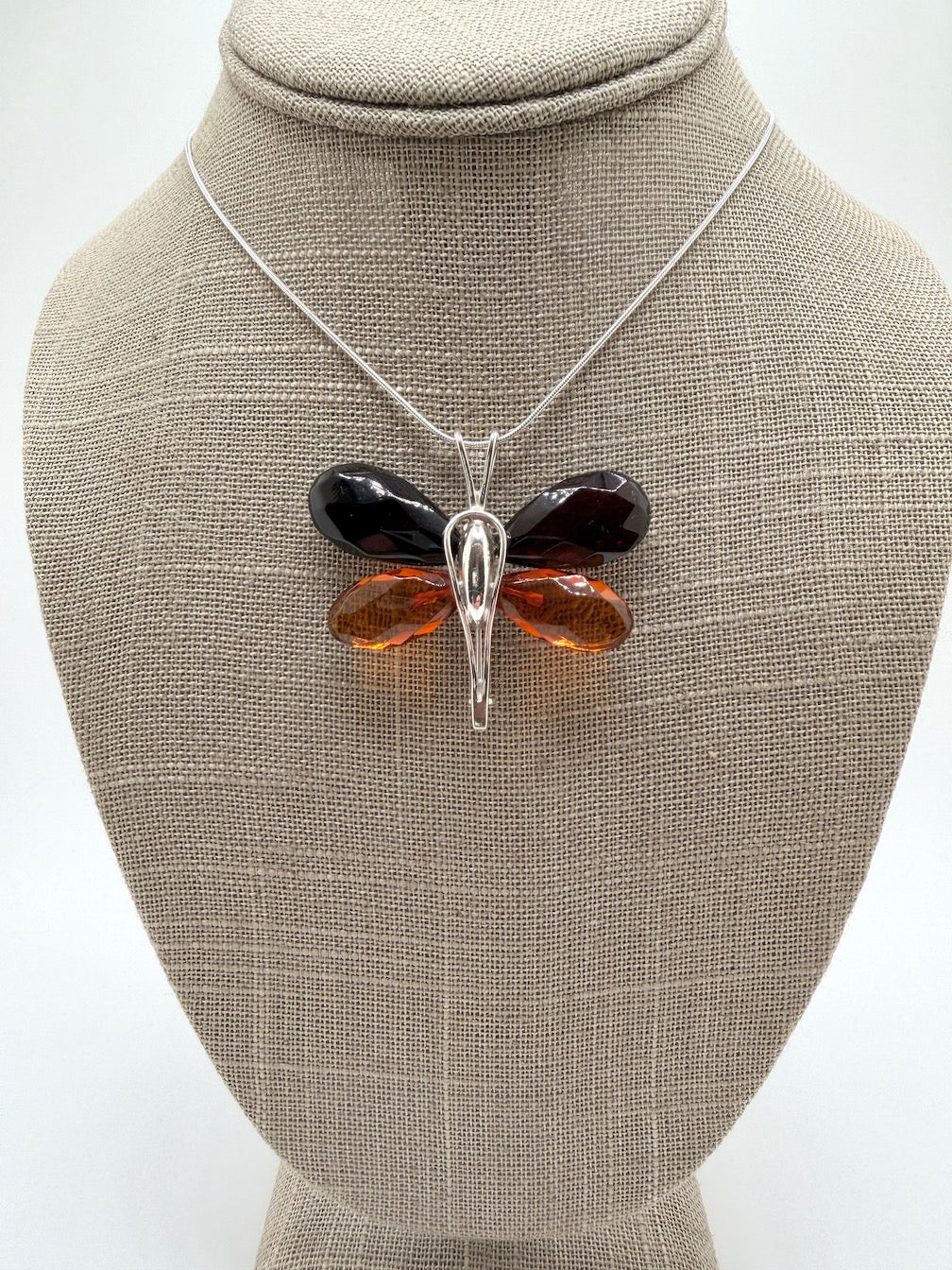 Handmade Sterling Silver & Baltic Amber Butterfly Pendant – Mixed Faceted Amber Wings