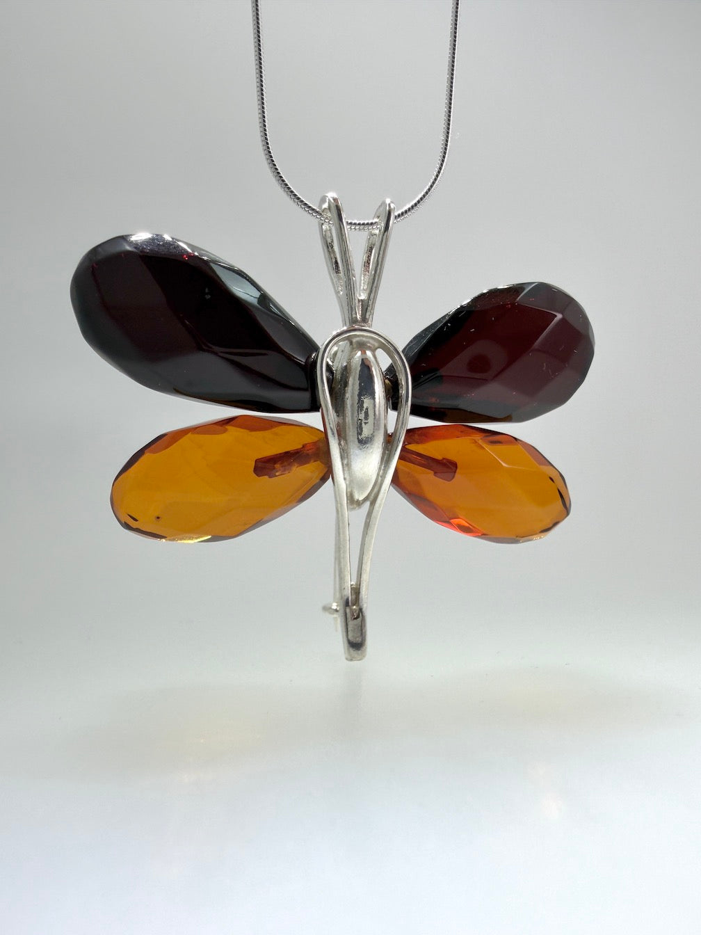 Handmade Sterling Silver & Baltic Amber Butterfly Pendant – Mixed Faceted Amber Wings