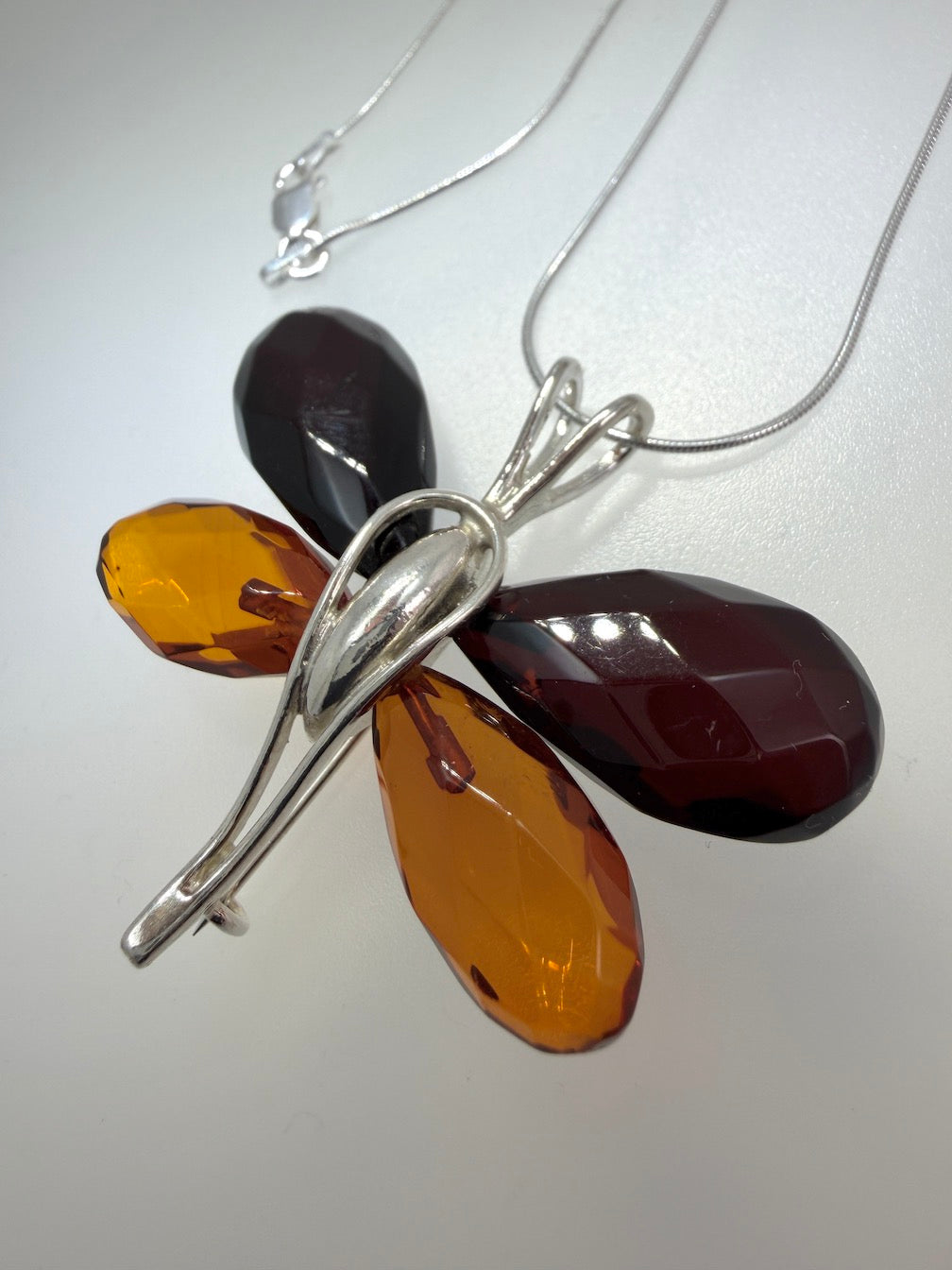 Handmade Sterling Silver & Baltic Amber Butterfly Pendant – Mixed Faceted Amber Wings