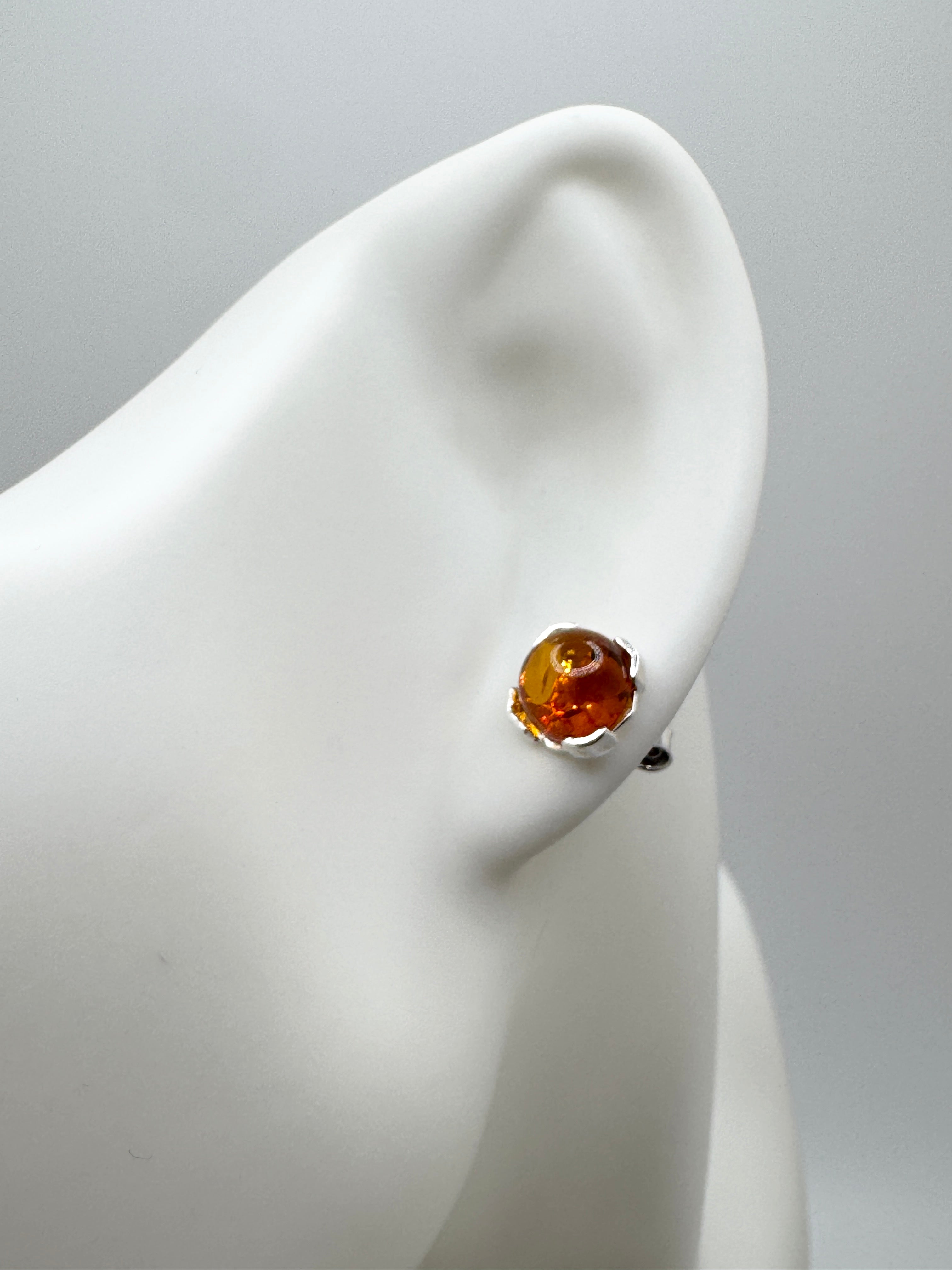 Handmade Sterling Silver & Baltic Amber Stud Earrings – Cognac or Green Round 8mm Stone – Lightweight Post Earrings from Poland