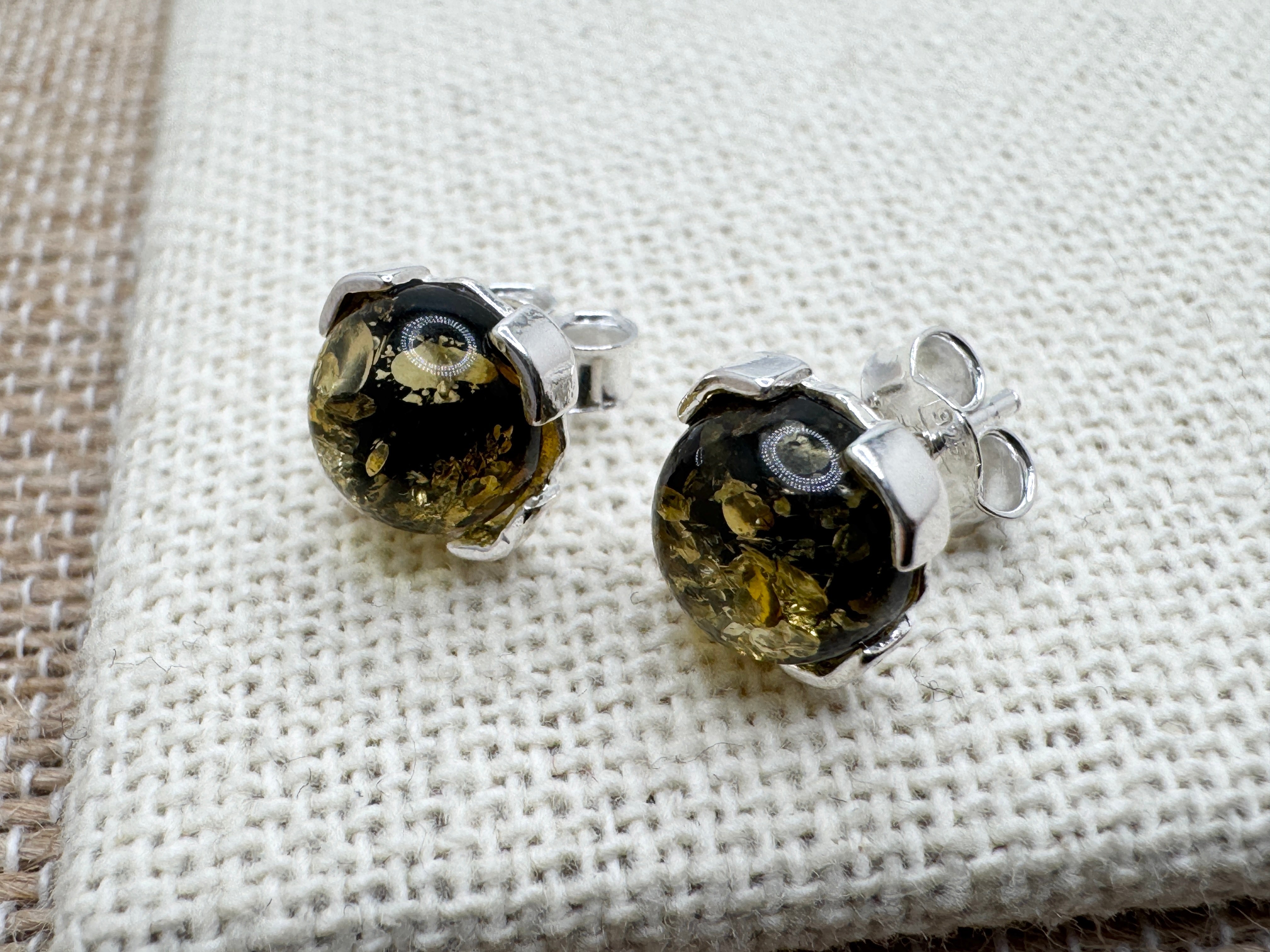 Handmade Sterling Silver & Baltic Amber Stud Earrings – Cognac or Green Round 8mm Stone – Lightweight Post Earrings from Poland