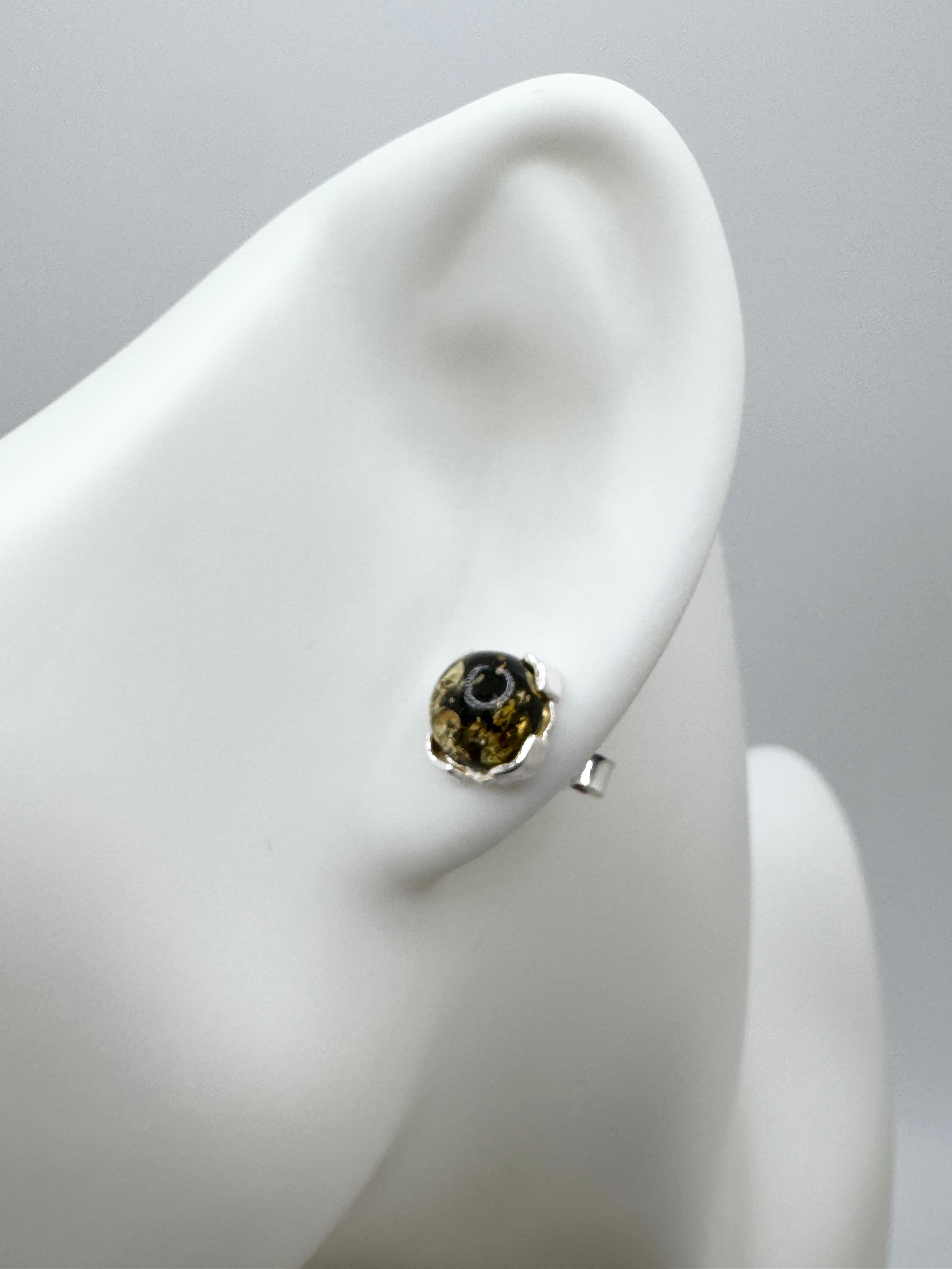 Handmade Sterling Silver & Baltic Amber Stud Earrings – Cognac or Green Round 8mm Stone – Lightweight Post Earrings from Poland