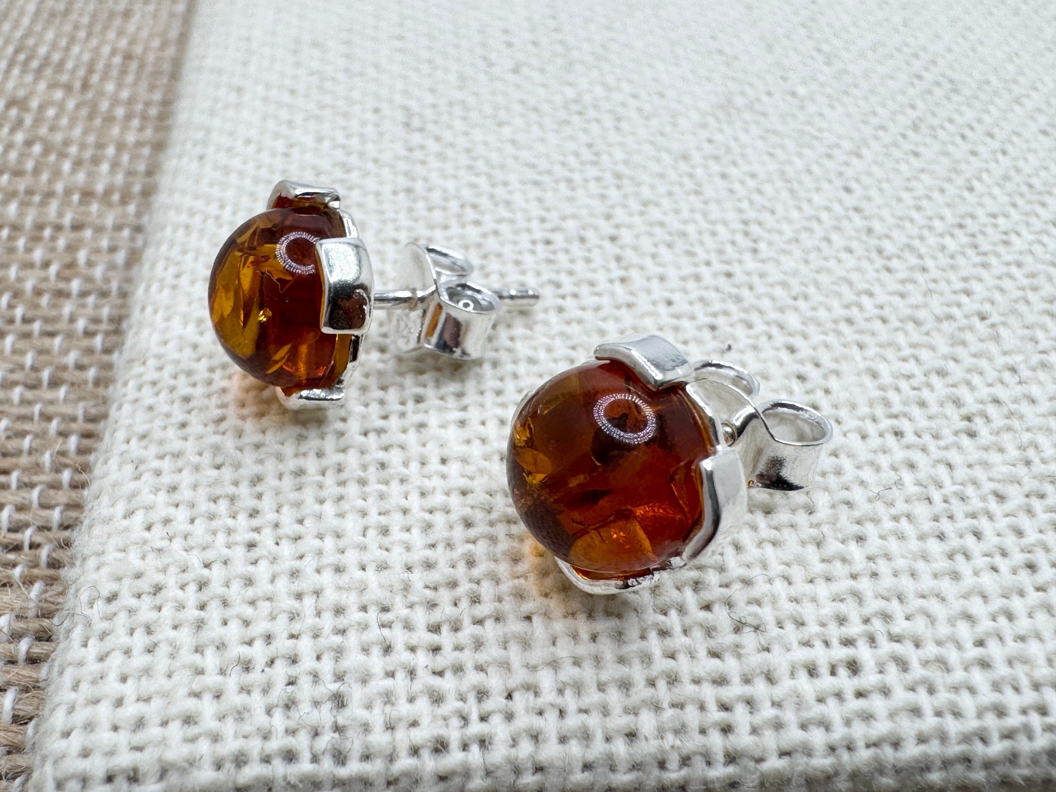 Handmade Sterling Silver & Baltic Amber Stud Earrings – Cognac or Green Round 8mm Stone – Lightweight Post Earrings from Poland
