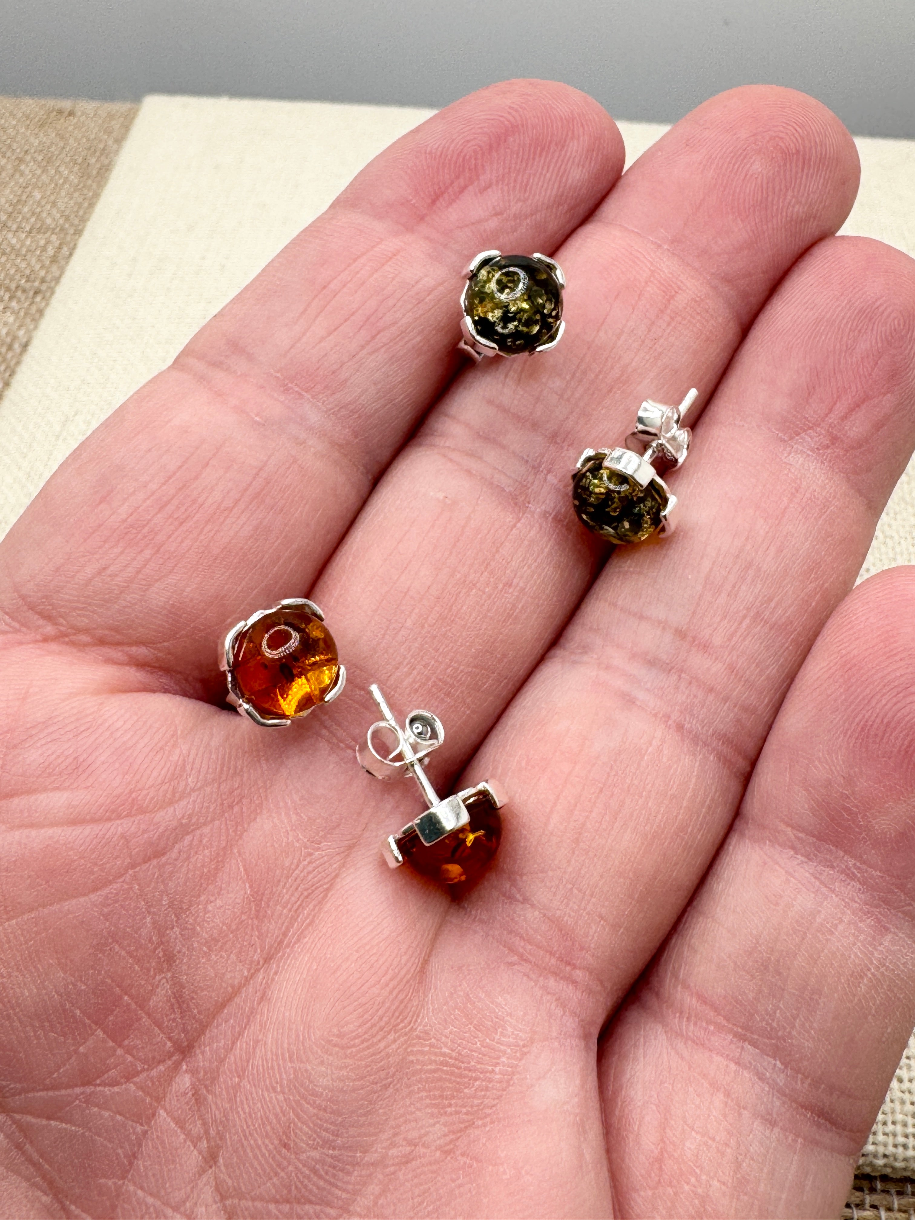 Handmade Sterling Silver & Baltic Amber Stud Earrings – Cognac or Green Round 8mm Stone – Lightweight Post Earrings from Poland