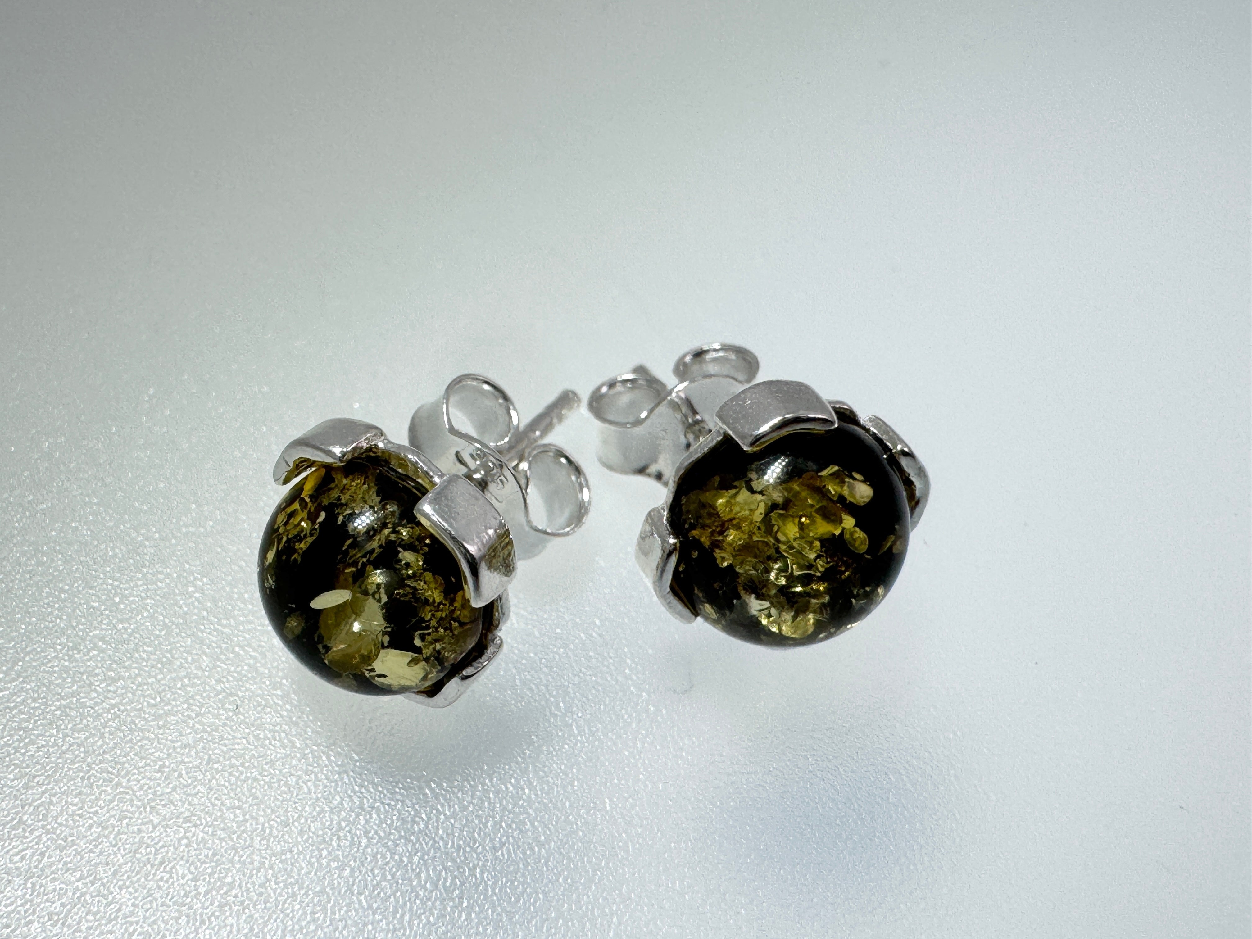Handmade Sterling Silver & Baltic Amber Stud Earrings – Cognac or Green Round 8mm Stone – Lightweight Post Earrings from Poland