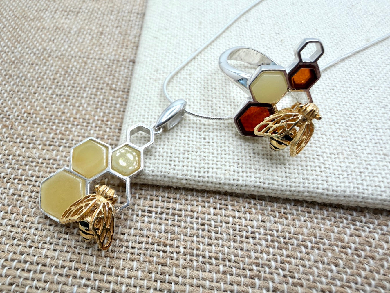Handmade Sterling Silver & Genuine Baltic Amber Honeycomb + Bumblebee Jewelry