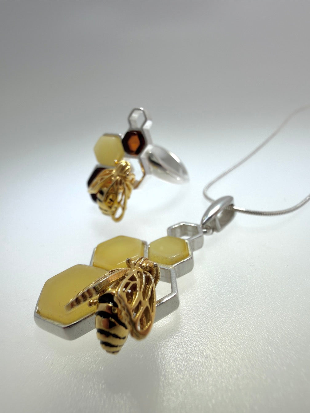 Handmade Sterling Silver & Genuine Baltic Amber Honeycomb + Bumblebee Jewelry