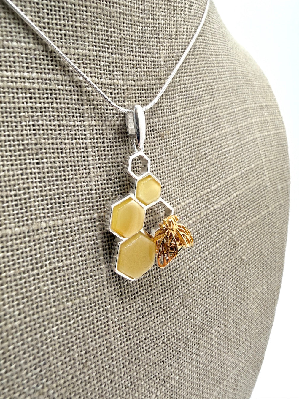 Handmade Sterling Silver & Genuine Baltic Amber Honeycomb + Bumblebee Jewelry