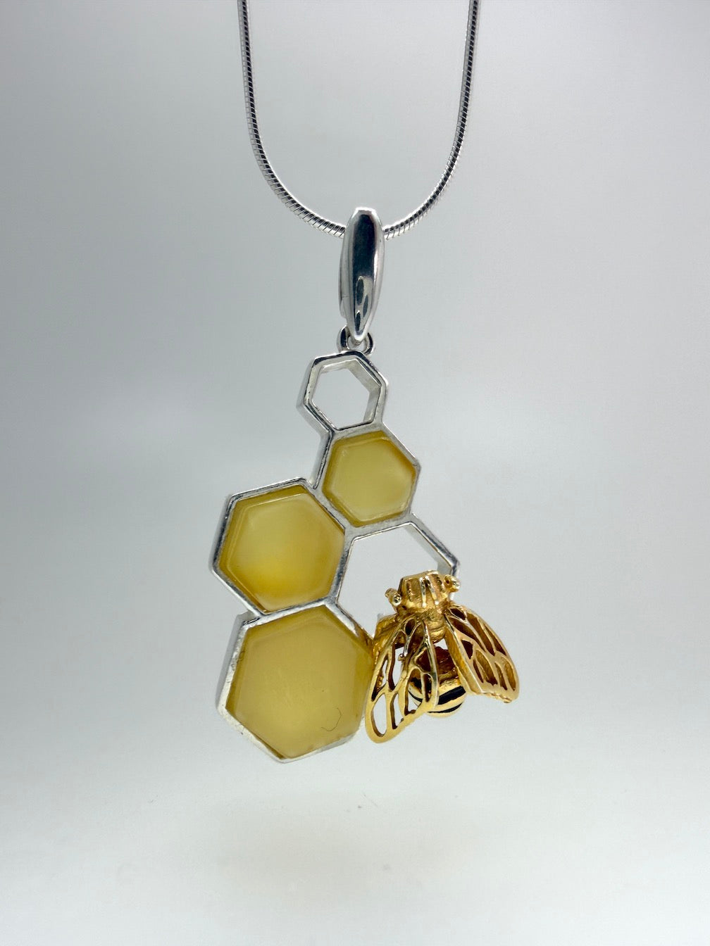 Handmade Sterling Silver & Genuine Baltic Amber Honeycomb + Bumblebee Jewelry