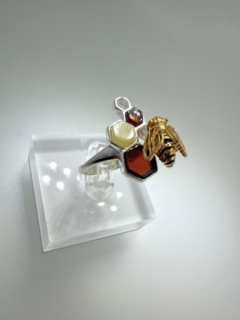 Handmade Sterling Silver & Genuine Baltic Amber Honeycomb + Bumblebee Jewelry