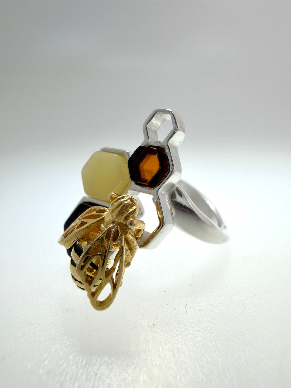 Handmade Sterling Silver & Genuine Baltic Amber Honeycomb + Bumblebee Jewelry