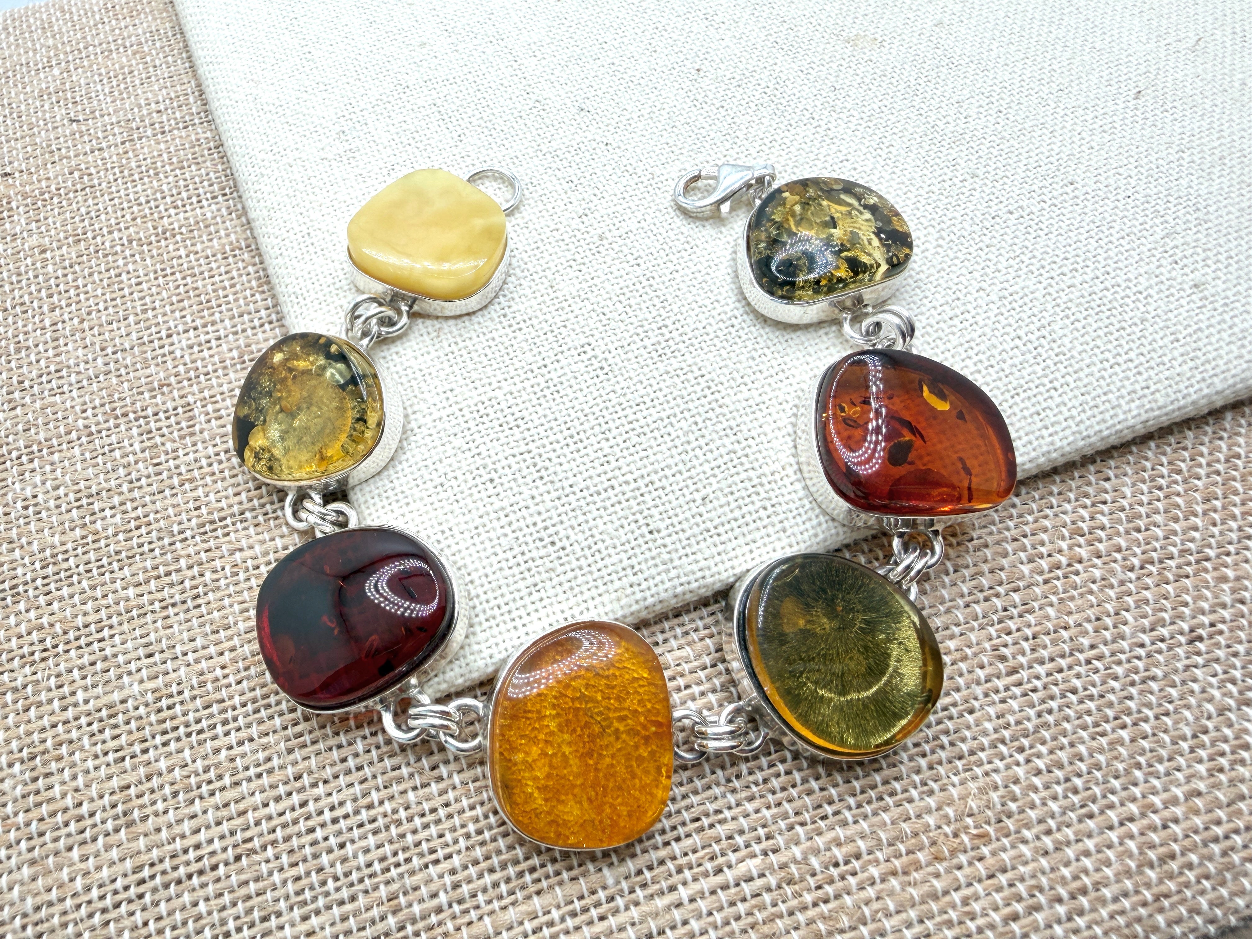 Handmade Sterling Silver & Genuine Baltic Amber Link Bracelet