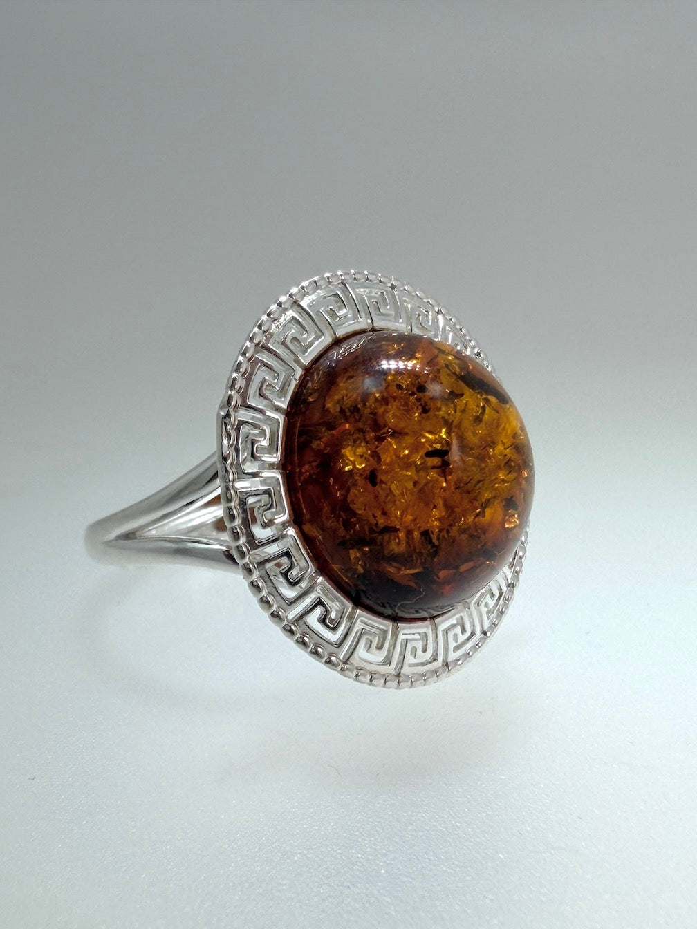 Handmade Sterling Silver & Genuine Baltic Amber Ring – Greco Roman Inspired Design