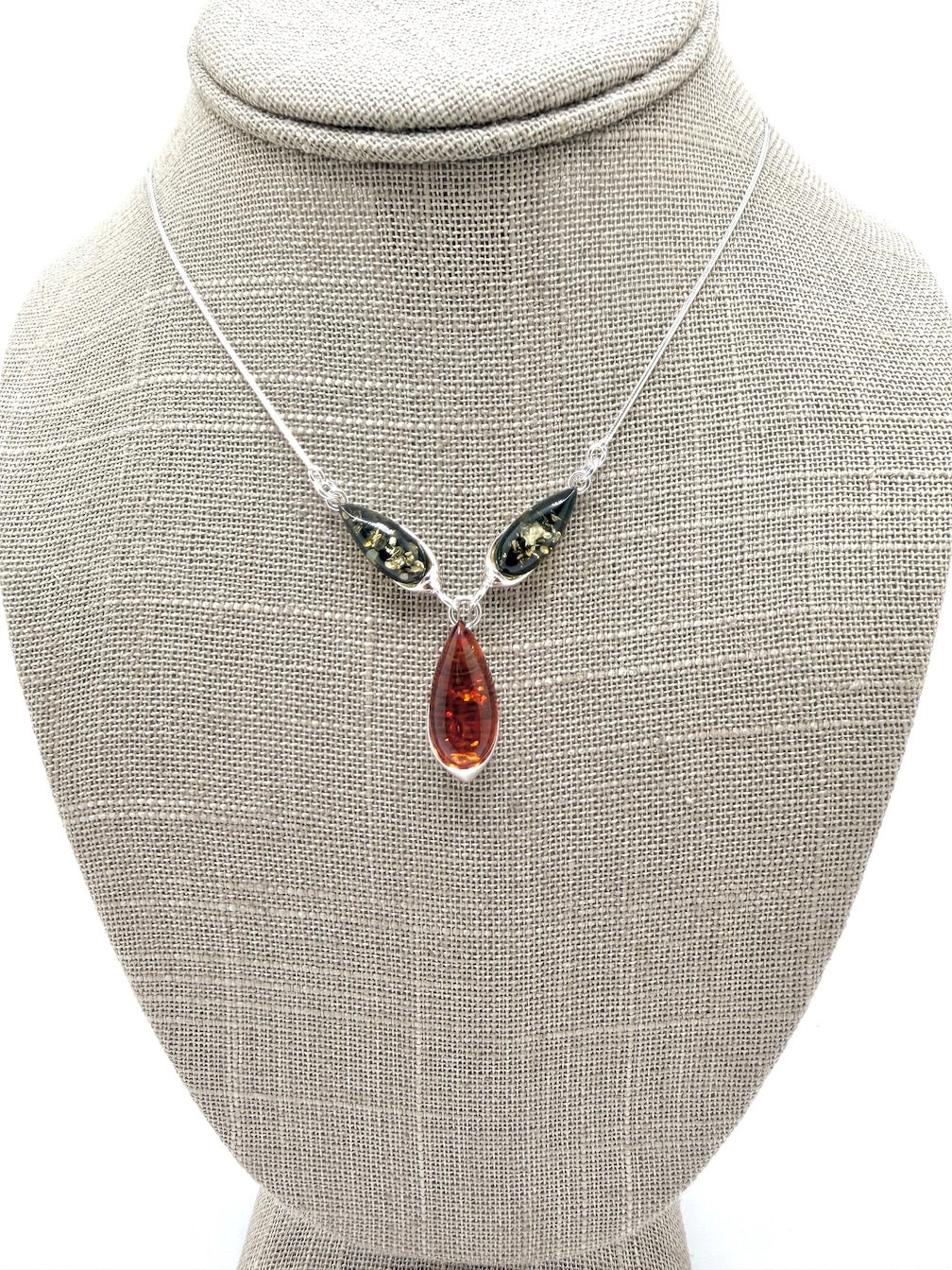 Handmade Sterling Silver & Genuine Baltic Amber Three-Stone Drop Necklace – Green & Cognac Baltic Amber