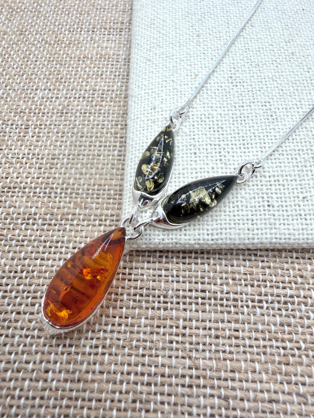 Handmade Sterling Silver & Genuine Baltic Amber Three-Stone Drop Necklace – Green & Cognac Baltic Amber
