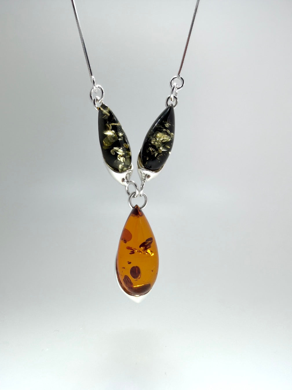 Handmade Sterling Silver & Genuine Baltic Amber Three-Stone Drop Necklace – Green & Cognac Baltic Amber