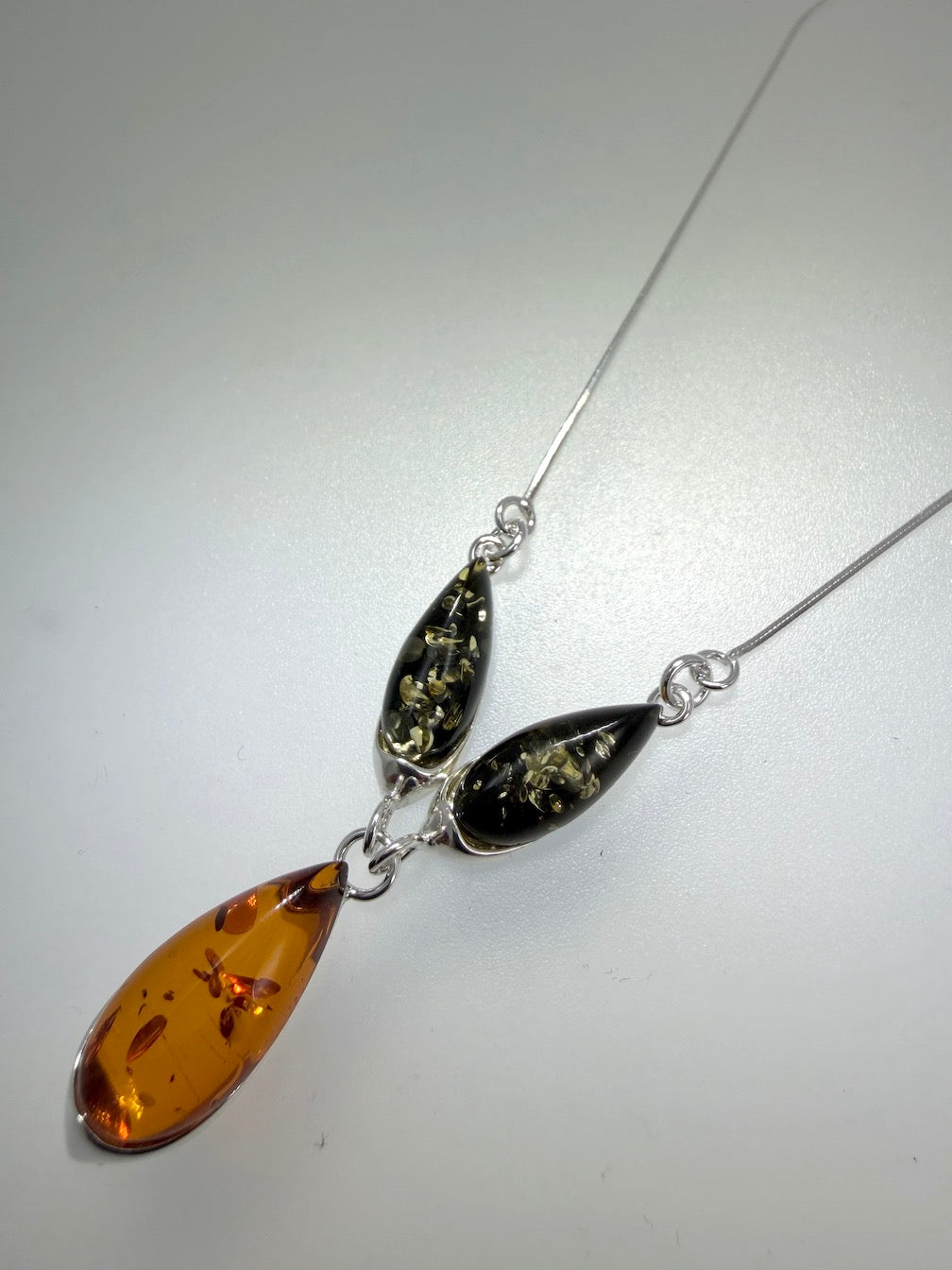 Handmade Sterling Silver & Genuine Baltic Amber Three-Stone Drop Necklace – Green & Cognac Baltic Amber