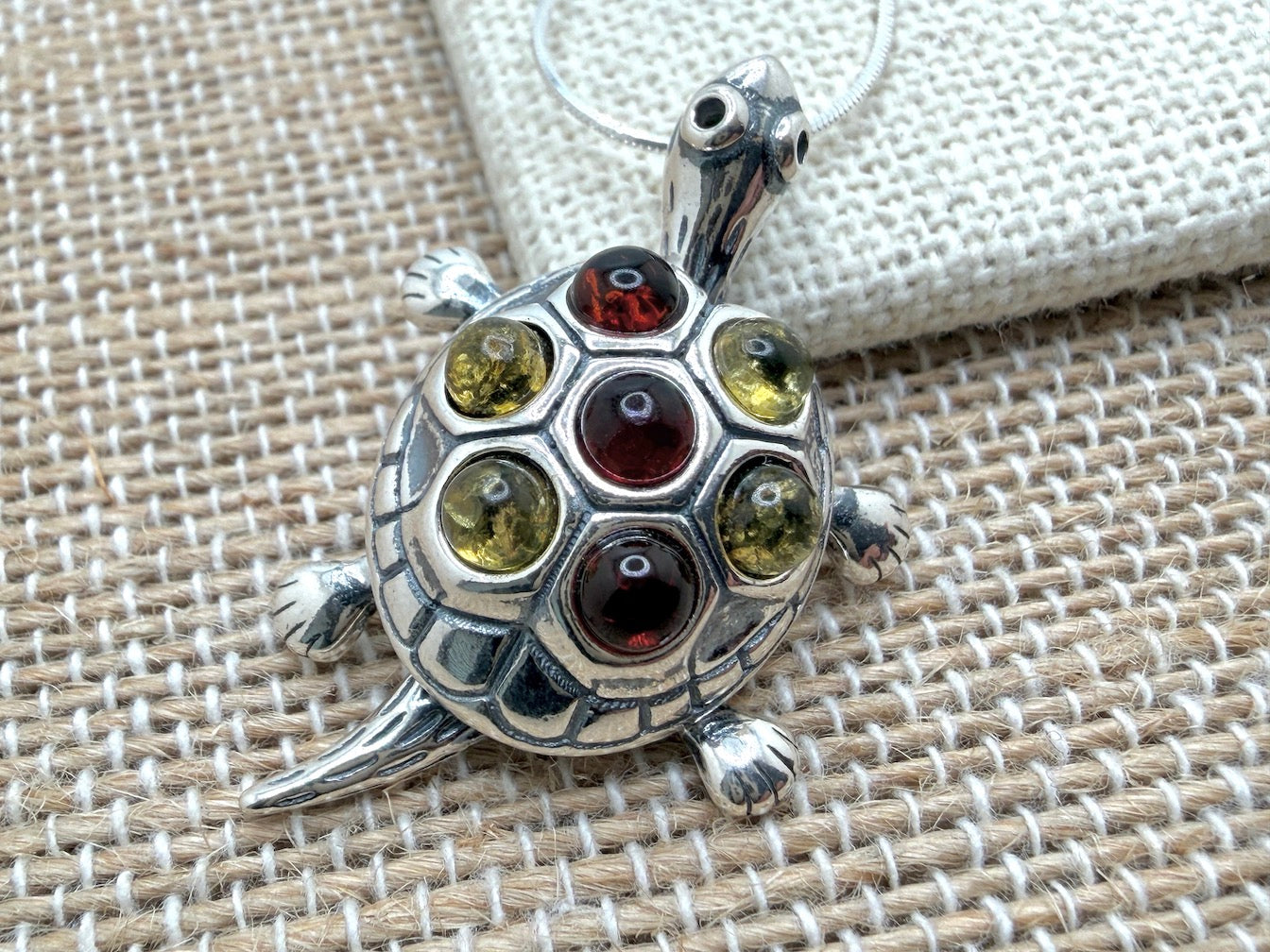 Handmade Sterling Silver & Genuine Baltic Amber Turtle Pendant 