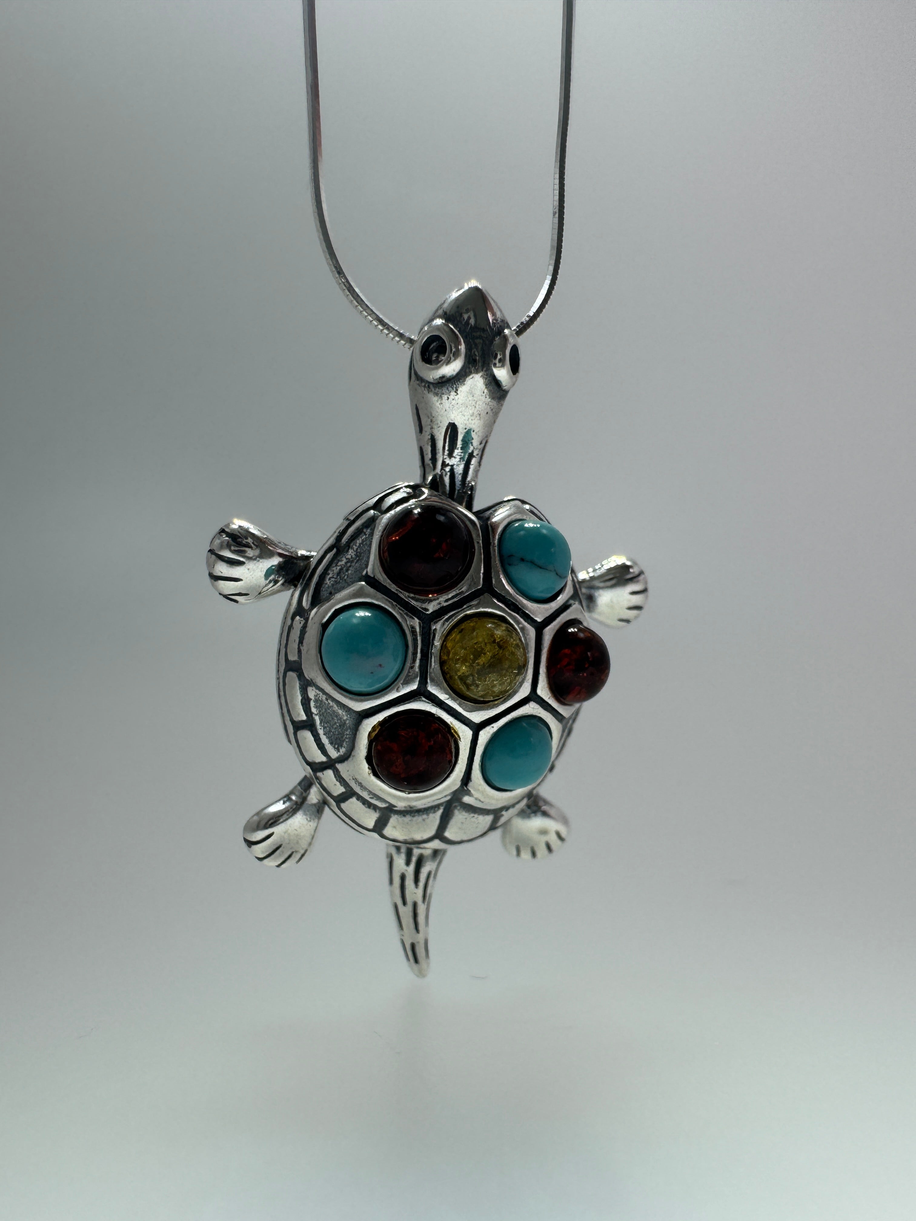 Handmade Sterling Silver & Genuine Baltic Amber Turtle Pendant 