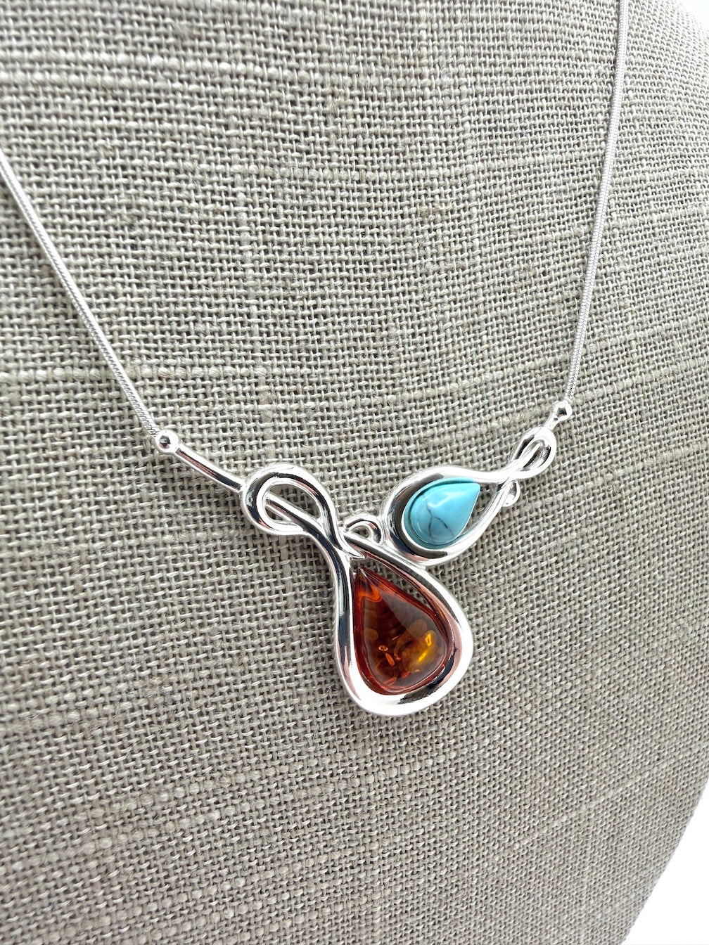 Handmade Sterling Silver & Genuine Baltic Amber Two-Stone Drop Necklace – Amber and Turquoise