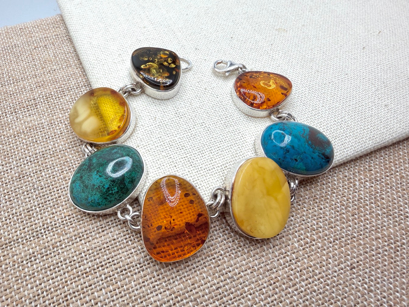 Handmade Sterling Silver & Genuine Baltic Amber and Turquoise Link Bracelet