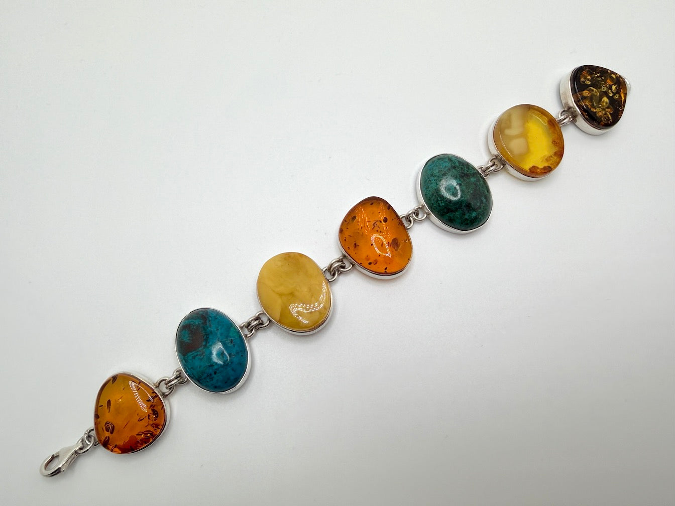 Handmade Sterling Silver & Genuine Baltic Amber and Turquoise Link Bracelet