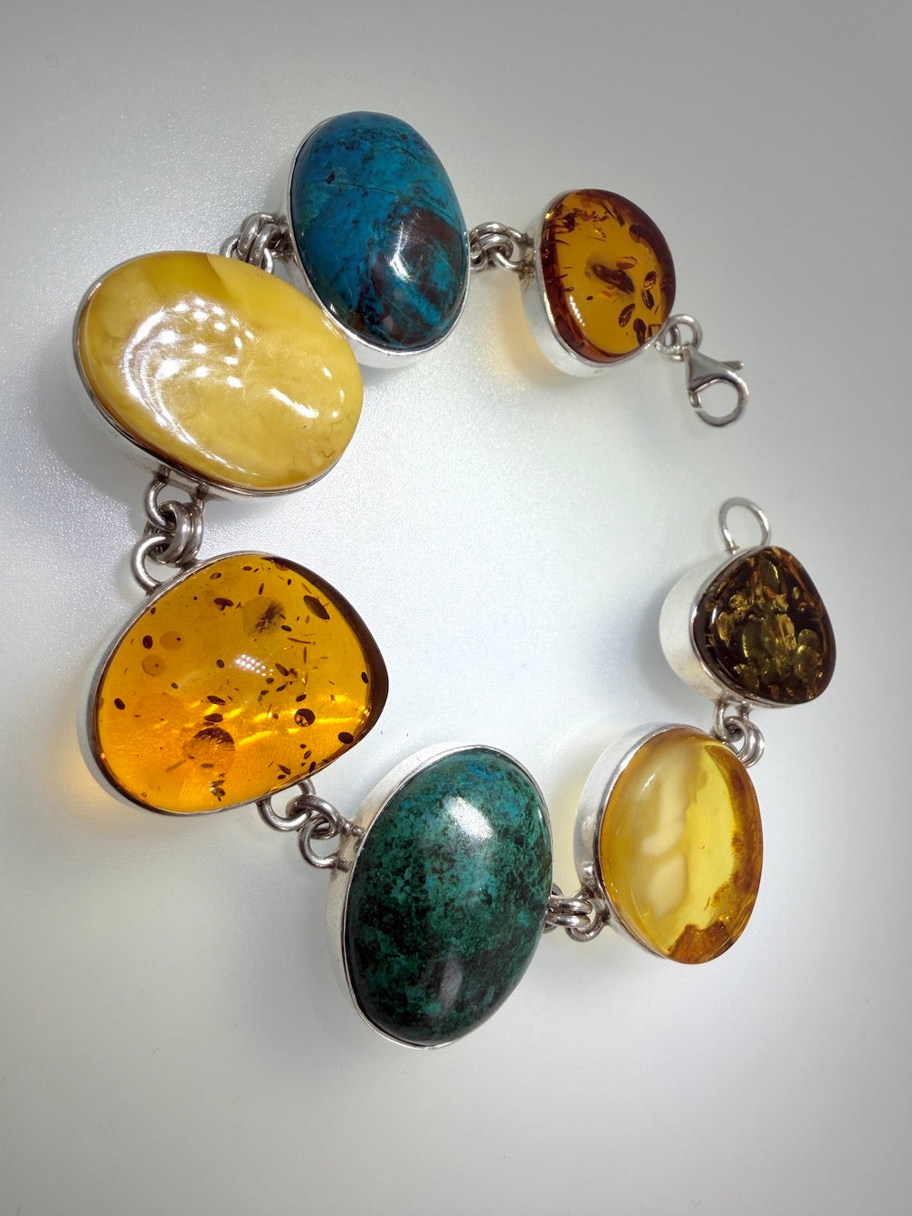 Handmade Sterling Silver & Genuine Baltic Amber and Turquoise Link Bracelet