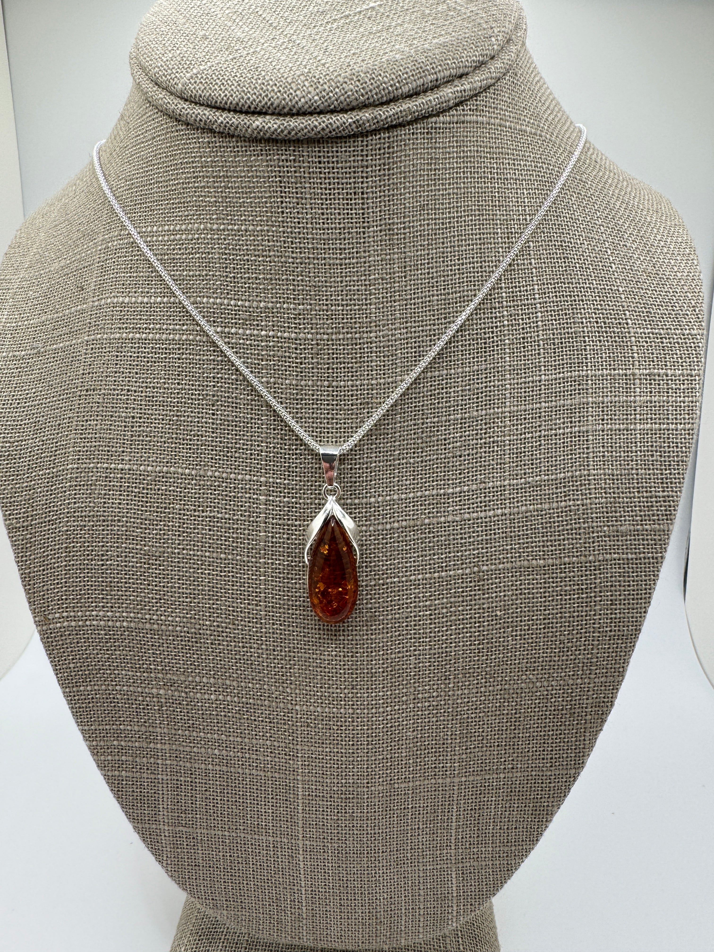 Handmade Sterling Silver & Genuine Honey Baltic Amber Modern Pendant Necklace | 18” Rope Chain | Made in Poland