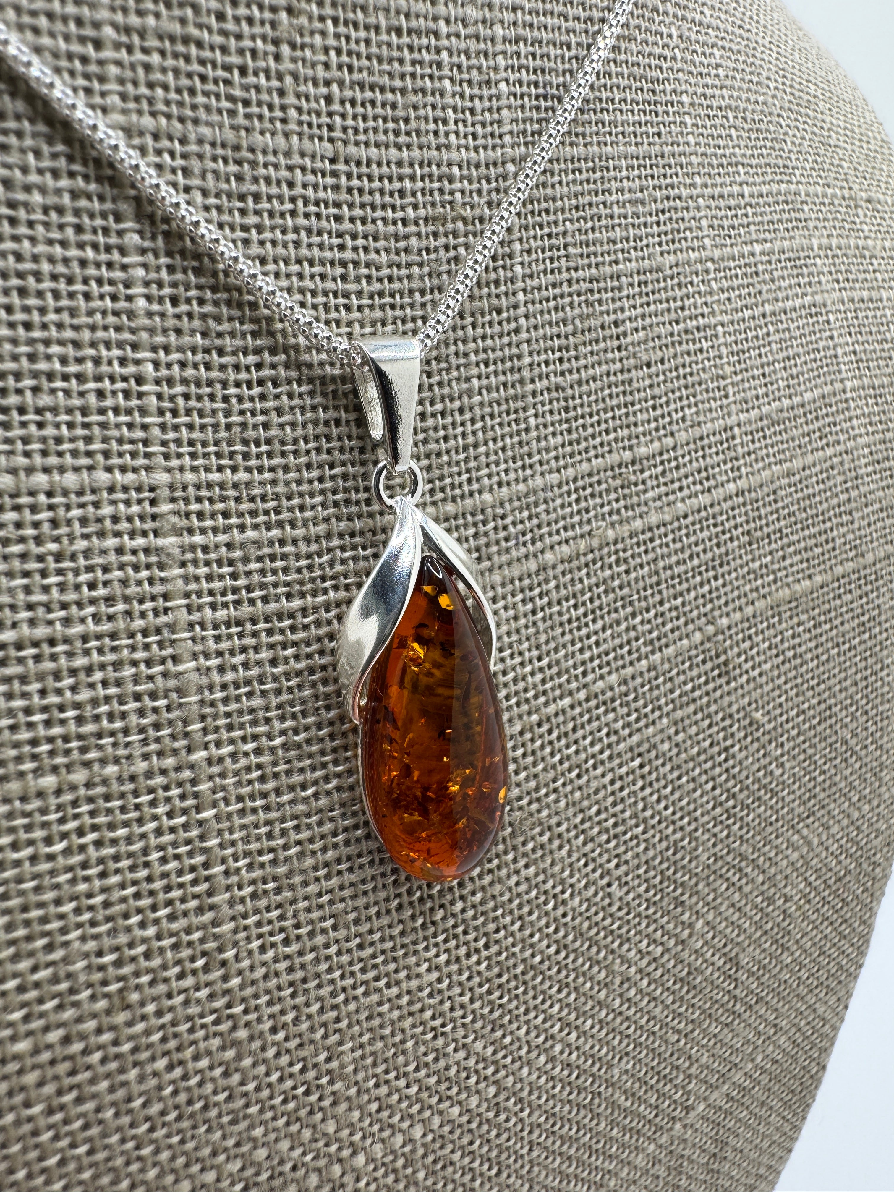 Handmade Sterling Silver & Genuine Honey Baltic Amber Modern Pendant Necklace | 18” Rope Chain | Made in Poland