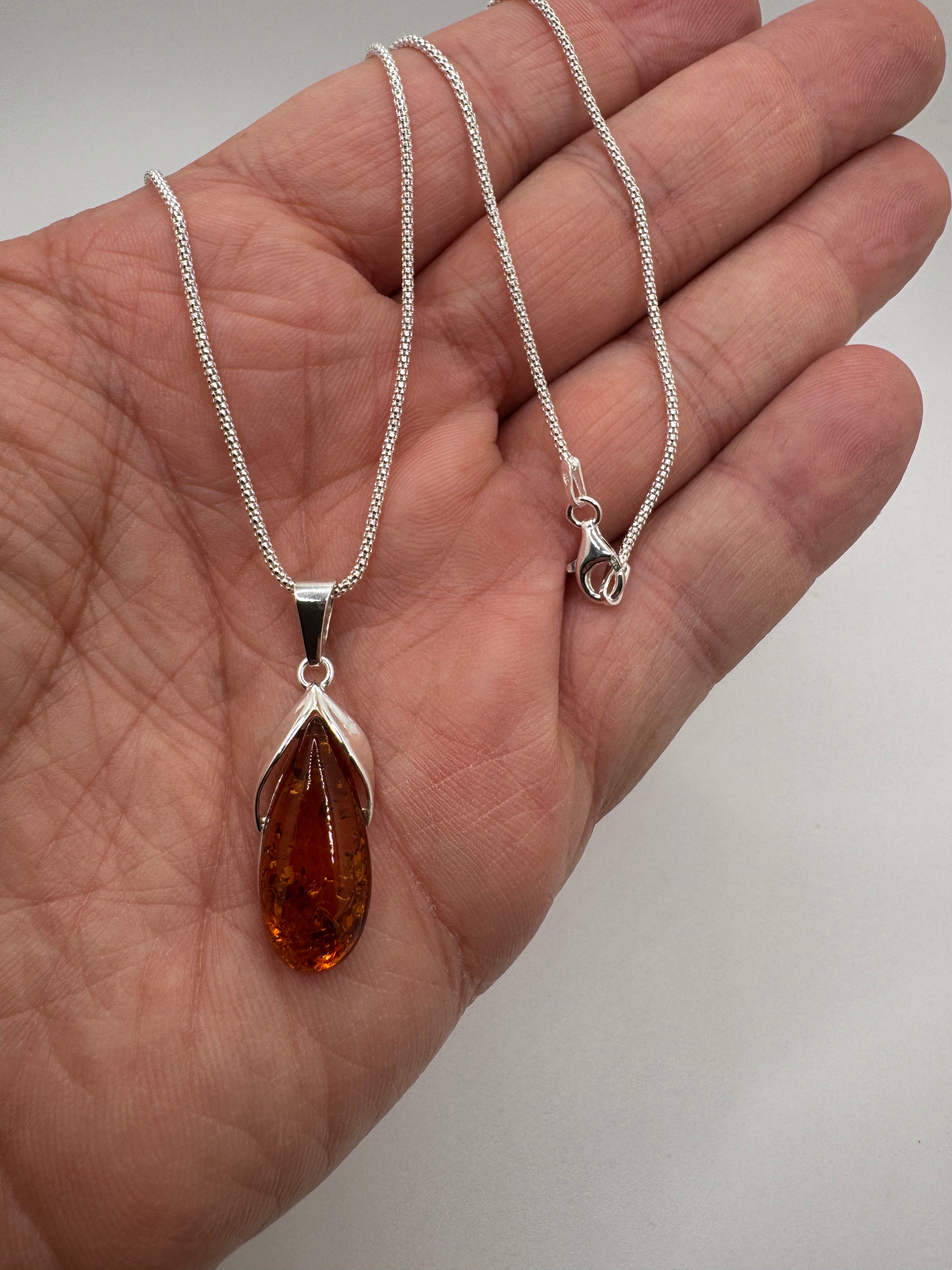 Handmade Sterling Silver & Genuine Honey Baltic Amber Modern Pendant Necklace | 18” Rope Chain | Made in Poland