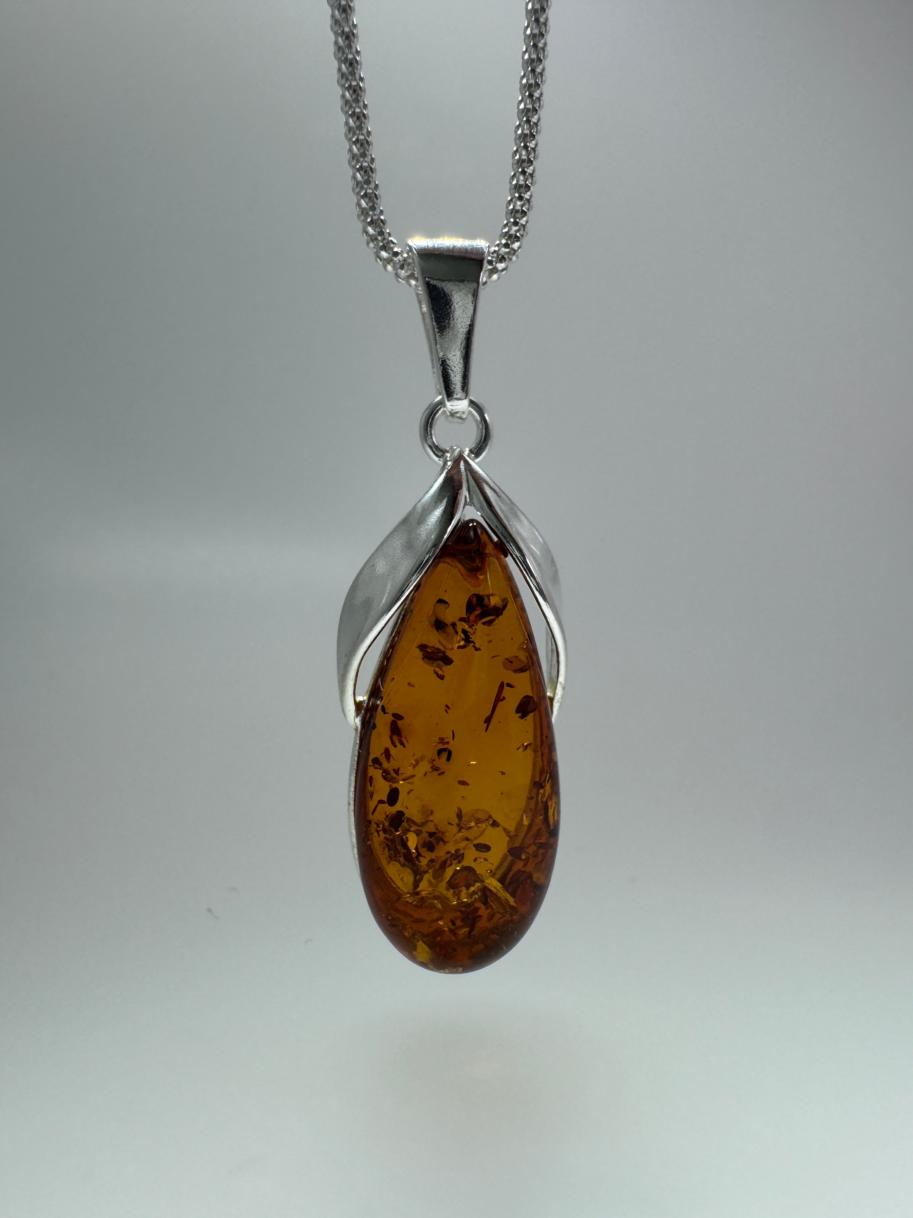 Handmade Sterling Silver & Genuine Honey Baltic Amber Modern Pendant Necklace | 18” Rope Chain | Made in Poland
