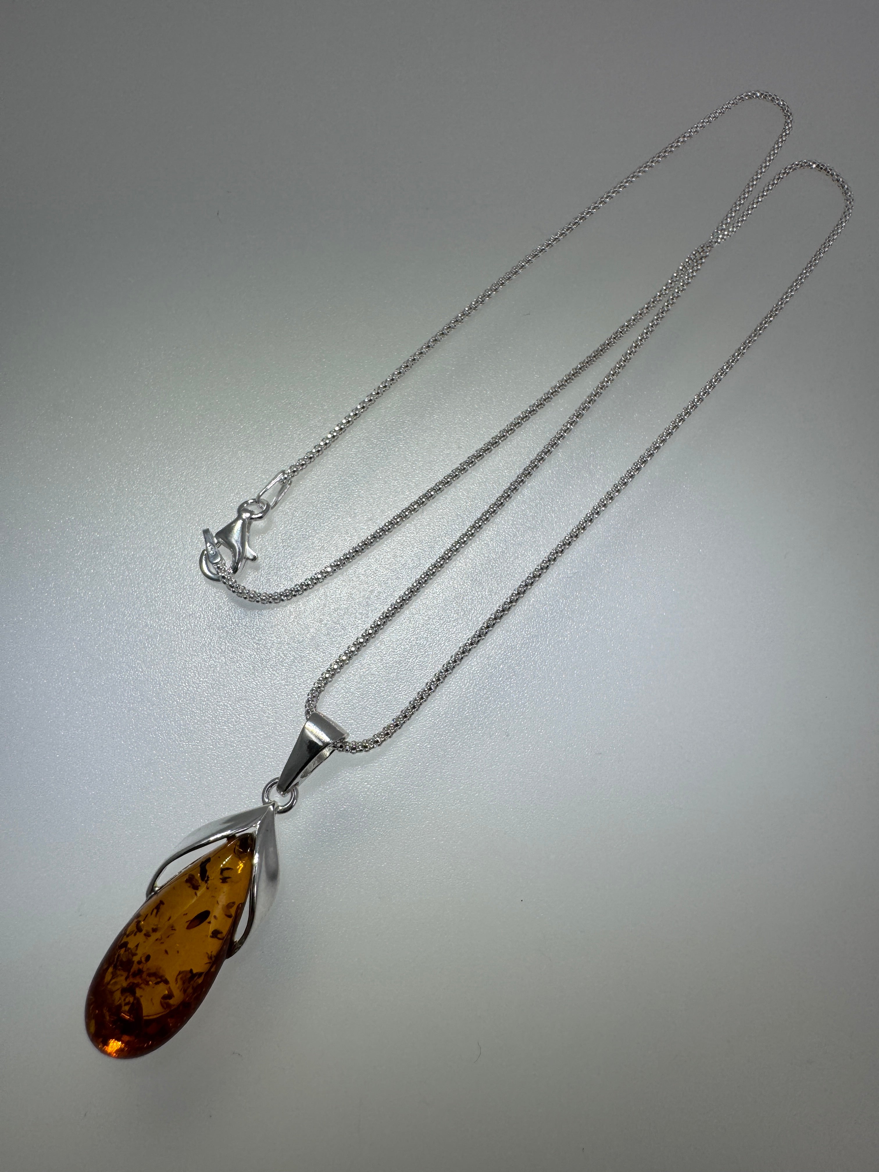 Handmade Sterling Silver & Genuine Honey Baltic Amber Modern Pendant Necklace | 18” Rope Chain | Made in Poland