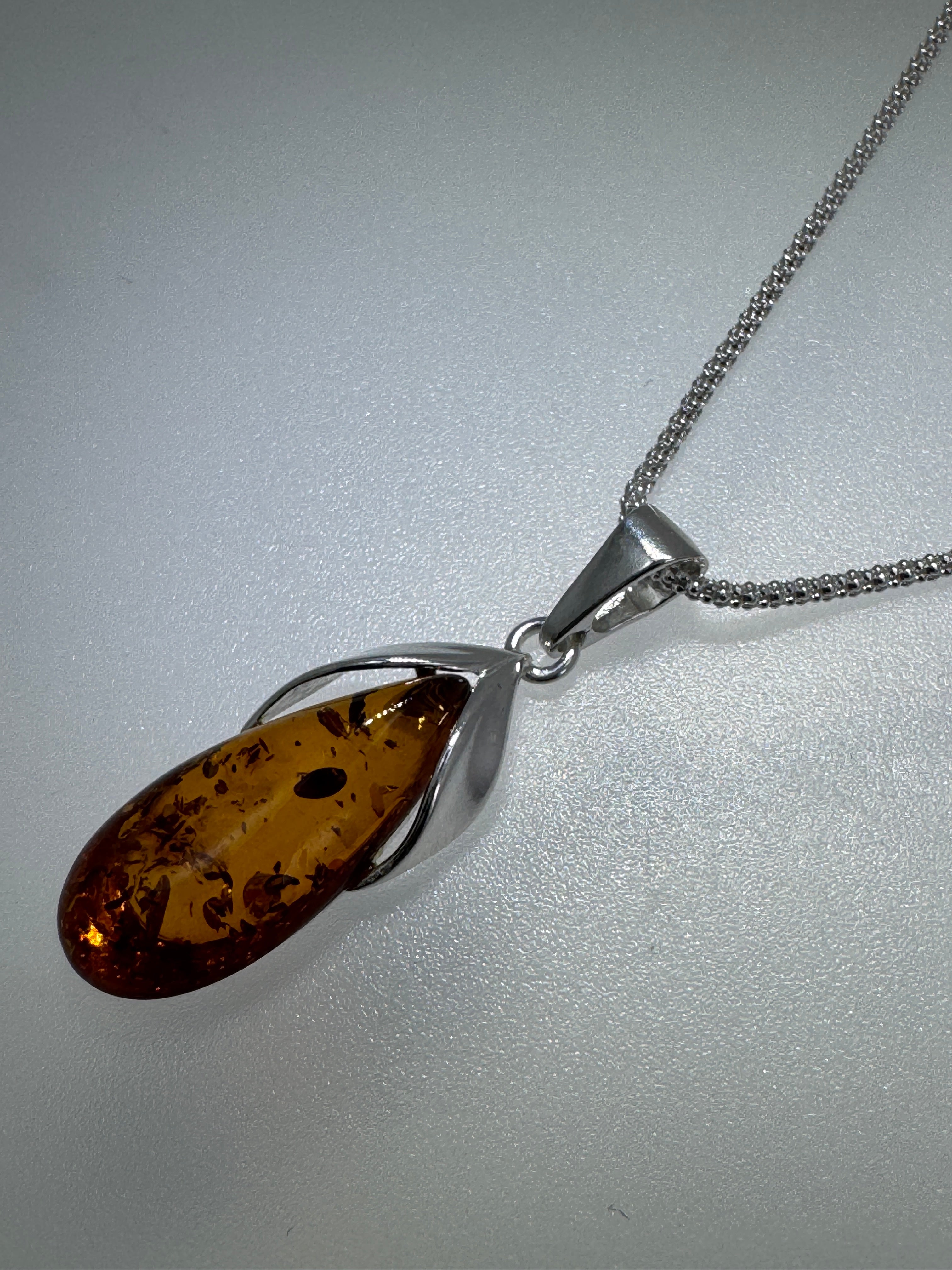 Handmade Sterling Silver & Genuine Honey Baltic Amber Modern Pendant Necklace | 18” Rope Chain | Made in Poland