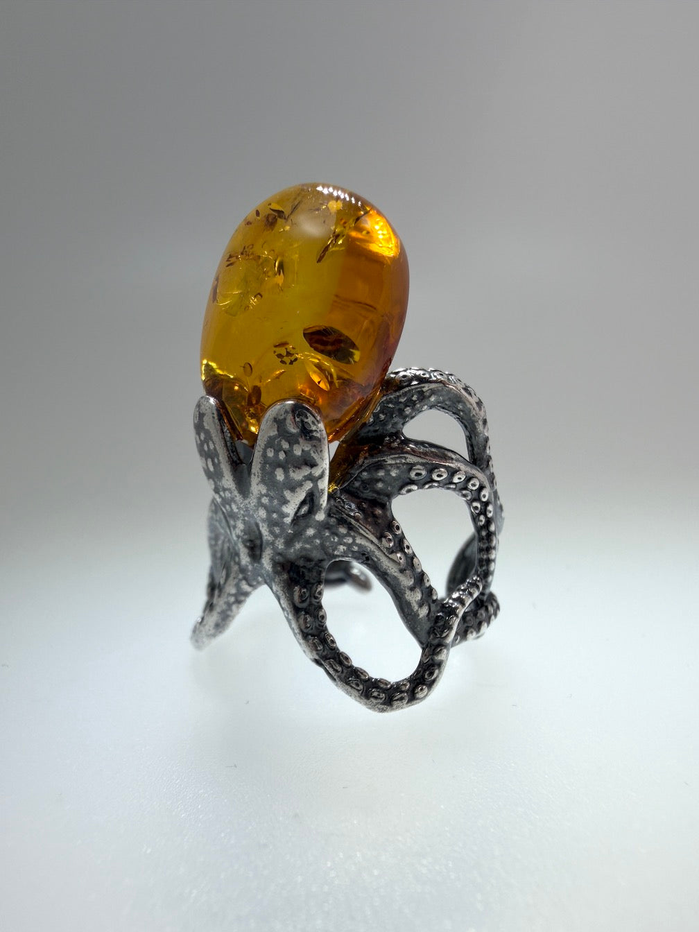 Handmade Oxidized Sterling Silver Baltic Amber Spider & Octopus Rings – Genuine Golden Amber Artisan Rings from Poland