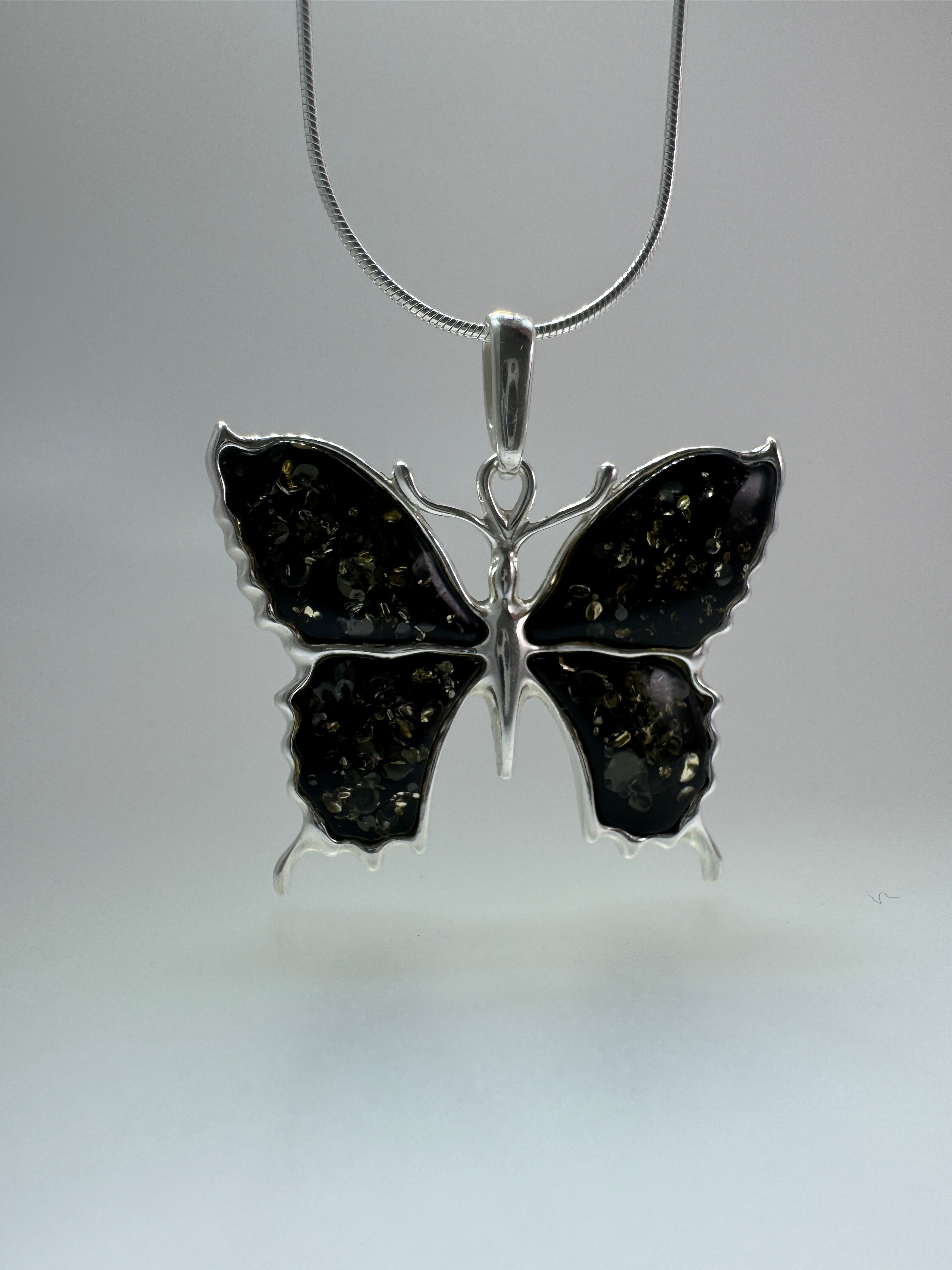 Handmade Sterling Silver Baltic Amber Butterfly Pendant Necklace – Honey, Green, Lemon, Cherry, or Multicolor