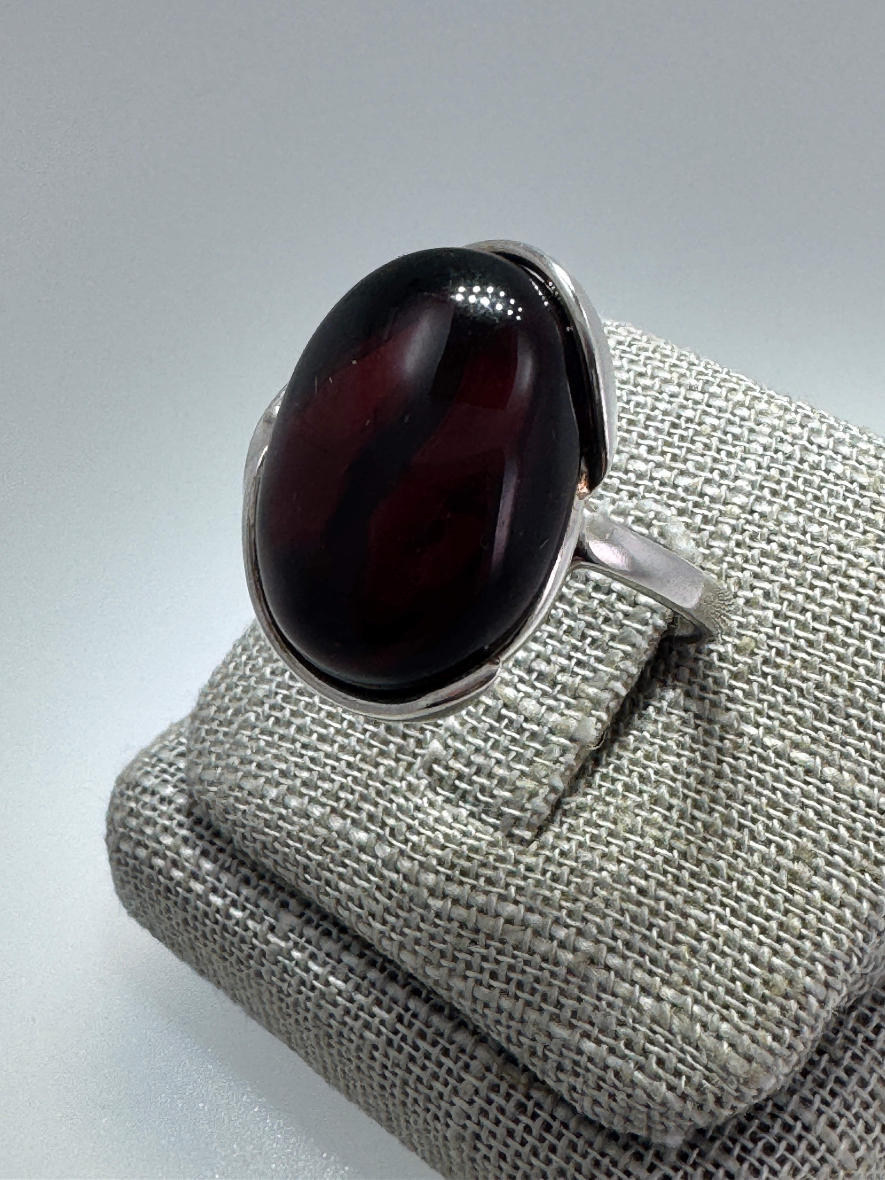 Handmade Sterling Silver Baltic Amber Ring Cherry Color Adjustable | Open Shank Ring Made in Poland | Genuine Amber Statement Ring