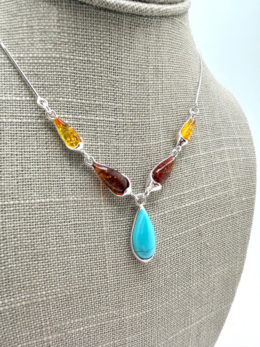 Handmade Sterling Silver & Genuine Baltic Amber Three-Stone Drop Necklace – Green & Cognac Baltic Amber