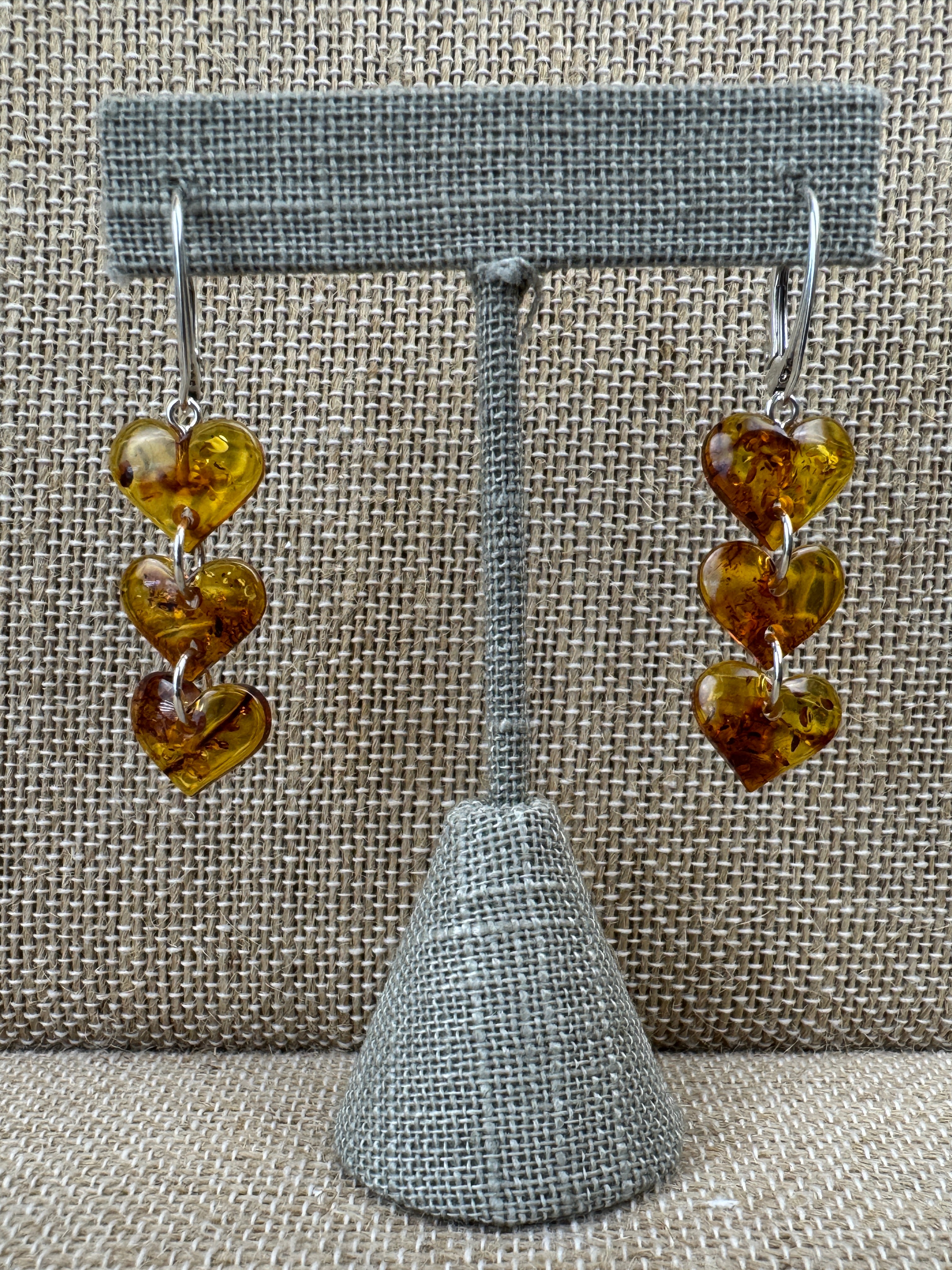 Handmade in Lithuania Cognac Baltic Amber Triple Heart Drop Earrings – Lever Back Dangle Earrings