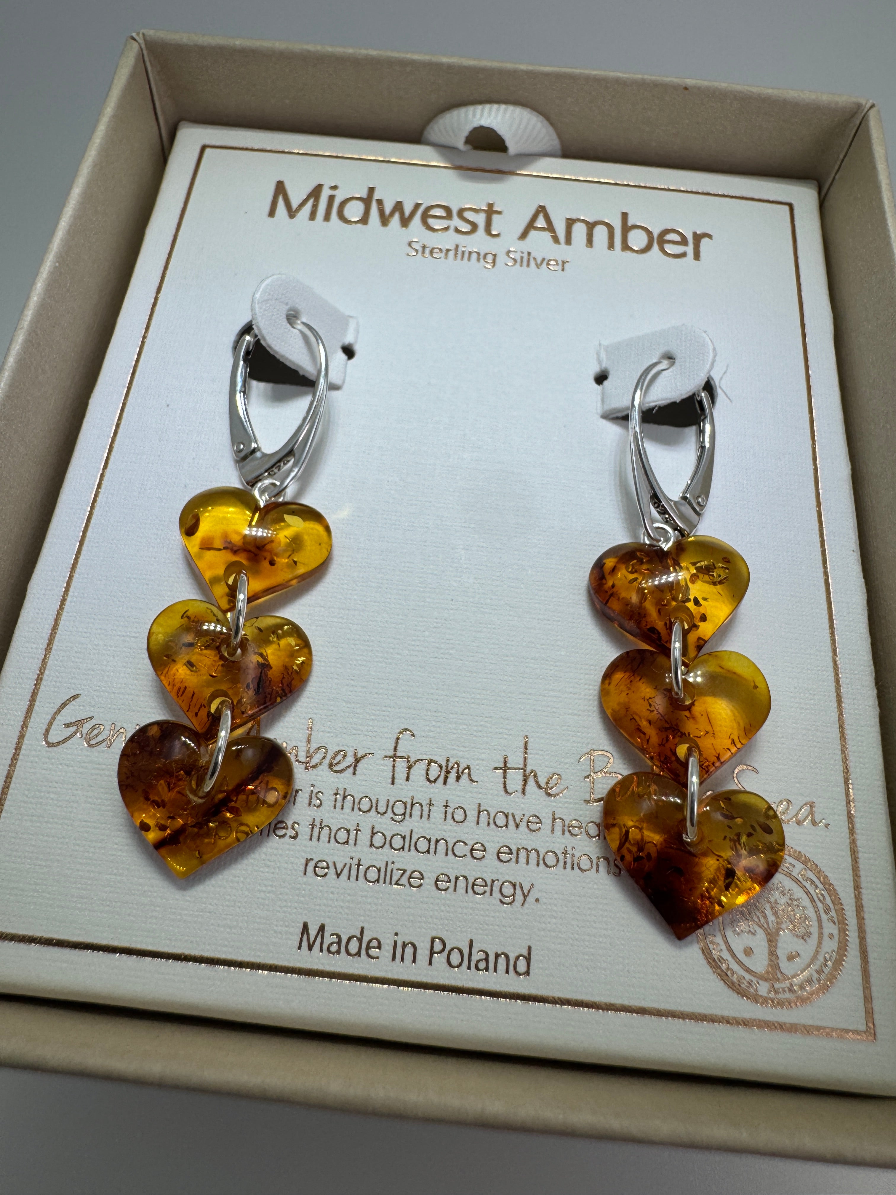 Handmade in Lithuania Cognac Baltic Amber Triple Heart Drop Earrings – Lever Back Dangle Earrings