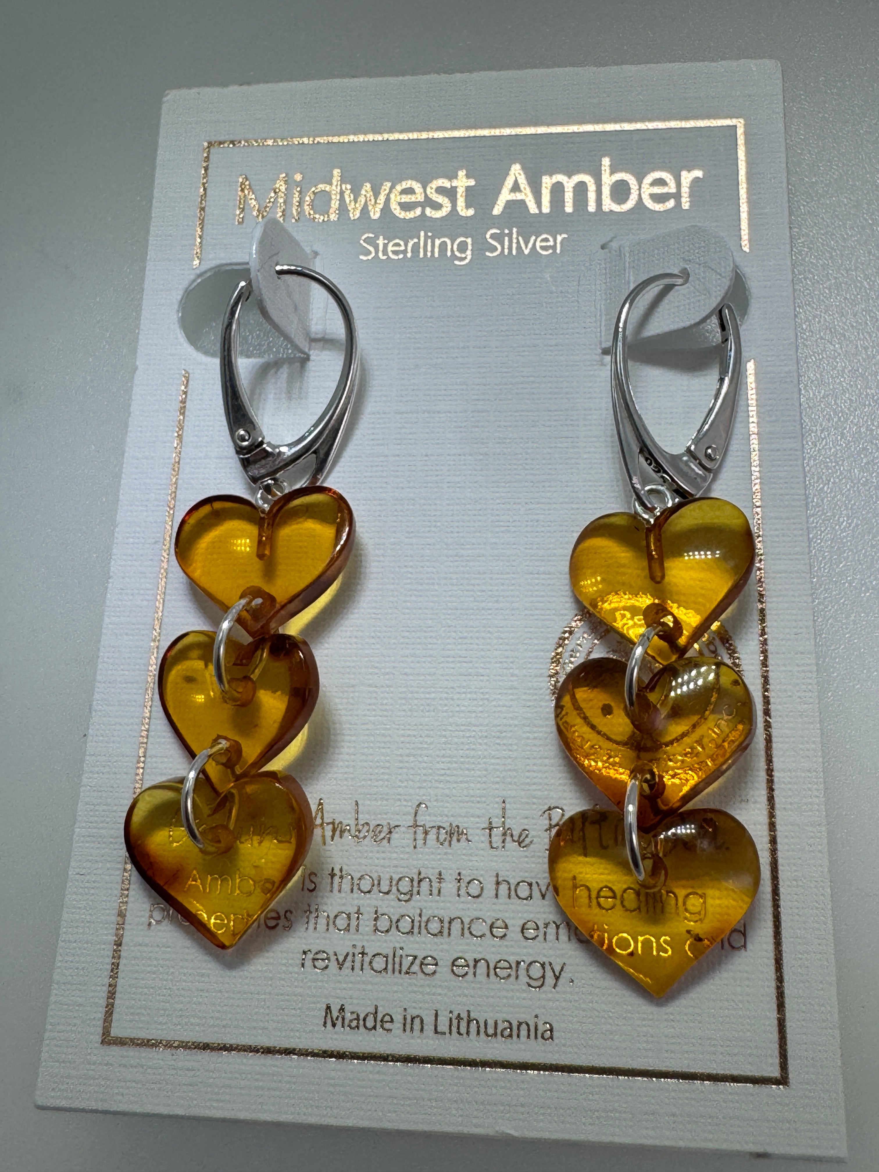 Handmade in Lithuania Cognac Baltic Amber Triple Heart Drop Earrings – Lever Back Dangle Earrings