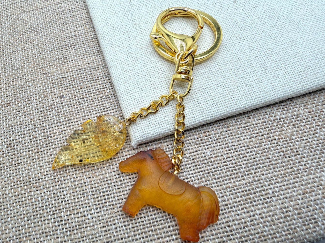 Handmade in Lithuania Genuine Baltic Amber Horse and Leaf Purse Charm – Elegant Laser-Cut Accent