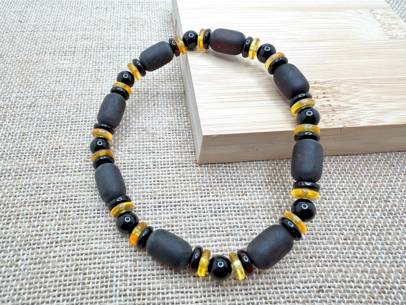 Genuine Baltic Amber Men’s or Unisex Bead Necklace – Bold Dark Cherry Amber with Lemon Accents