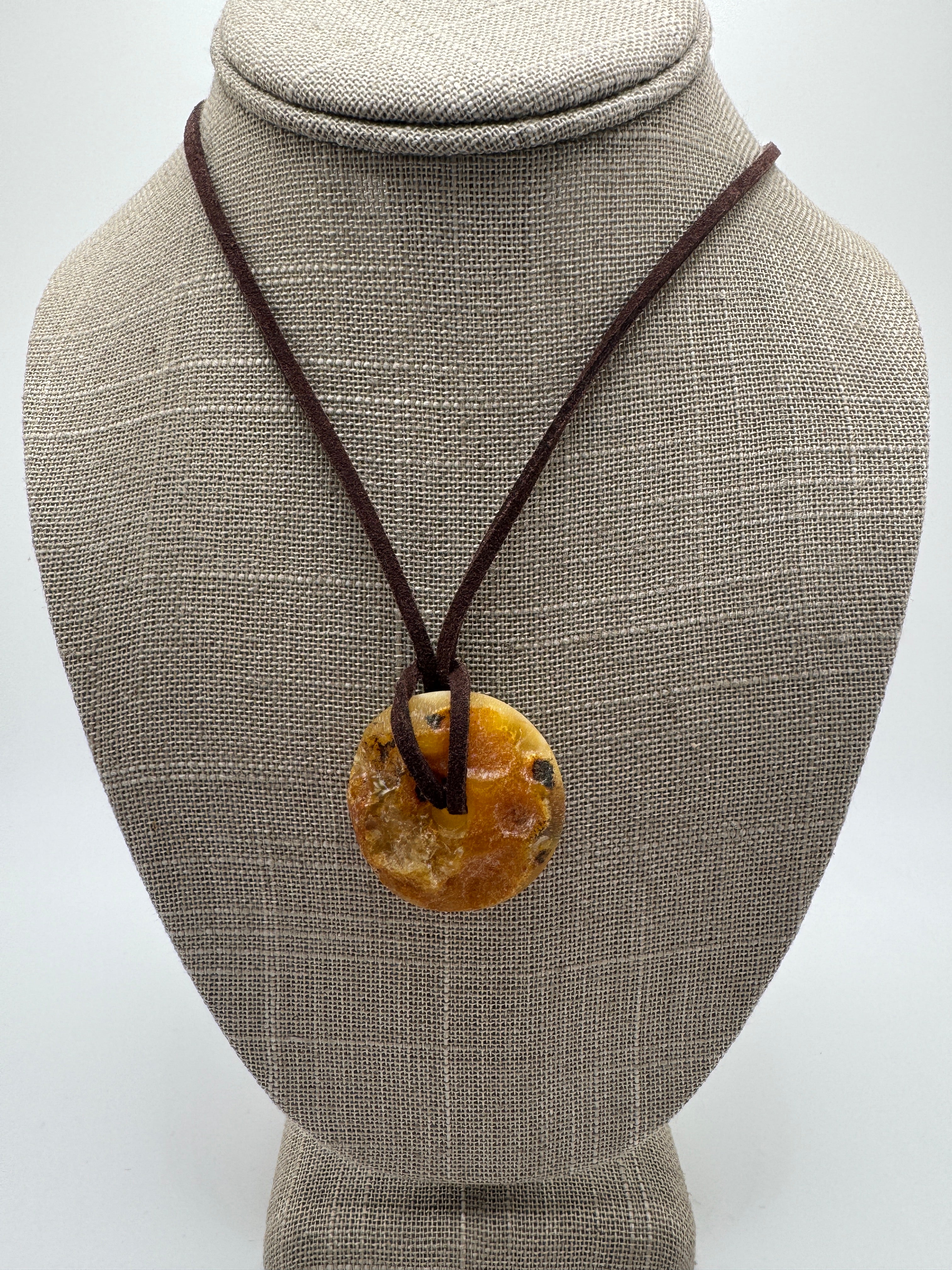 Handmade in Lithuania Genuine Butterscotch Baltic Amber Donut Pendant on Leather Cord – Men’s Natural Amber Necklace

