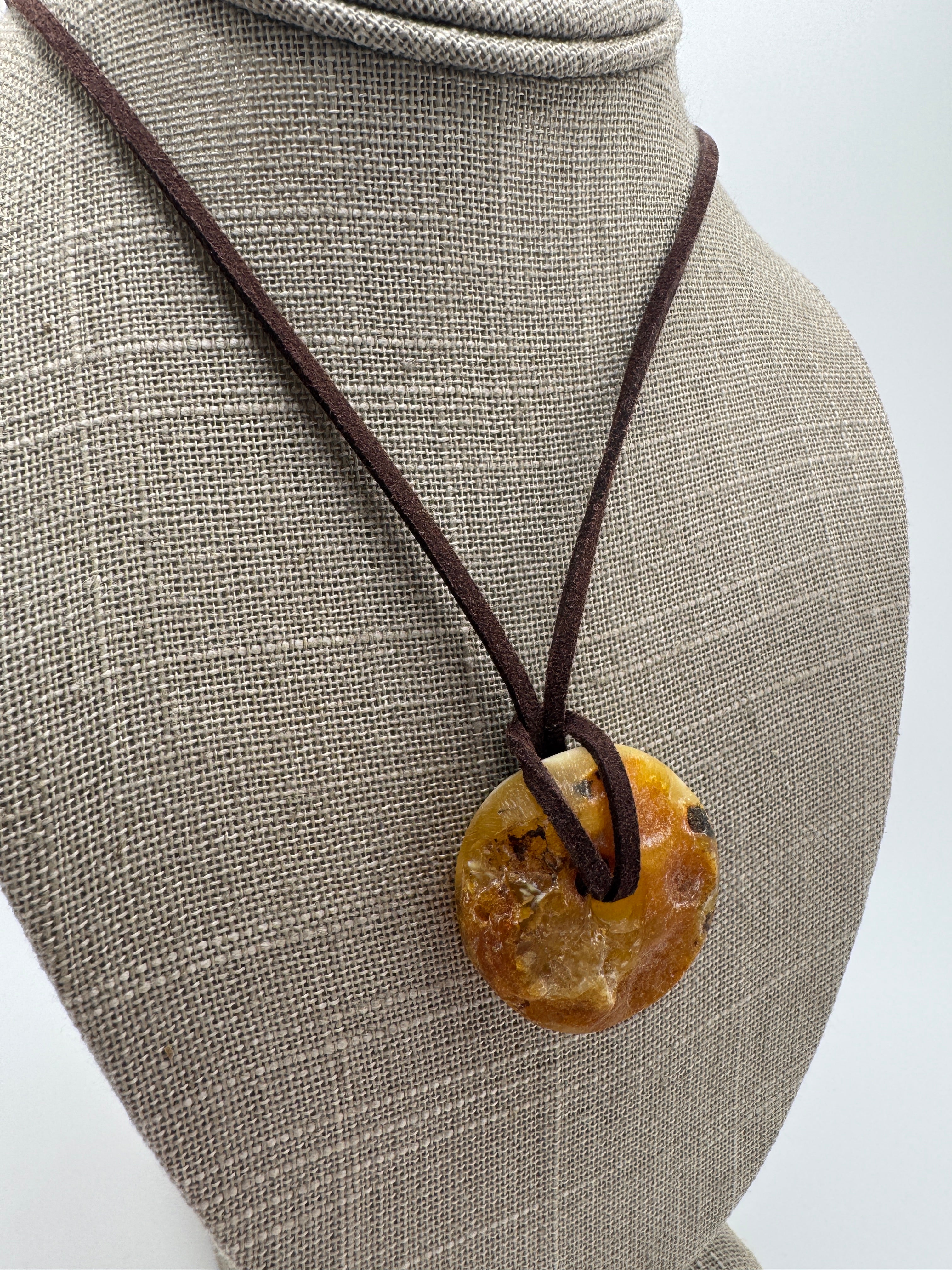 Handmade in Lithuania Genuine Butterscotch Baltic Amber Donut Pendant on Leather Cord – Men’s Natural Amber Necklace
