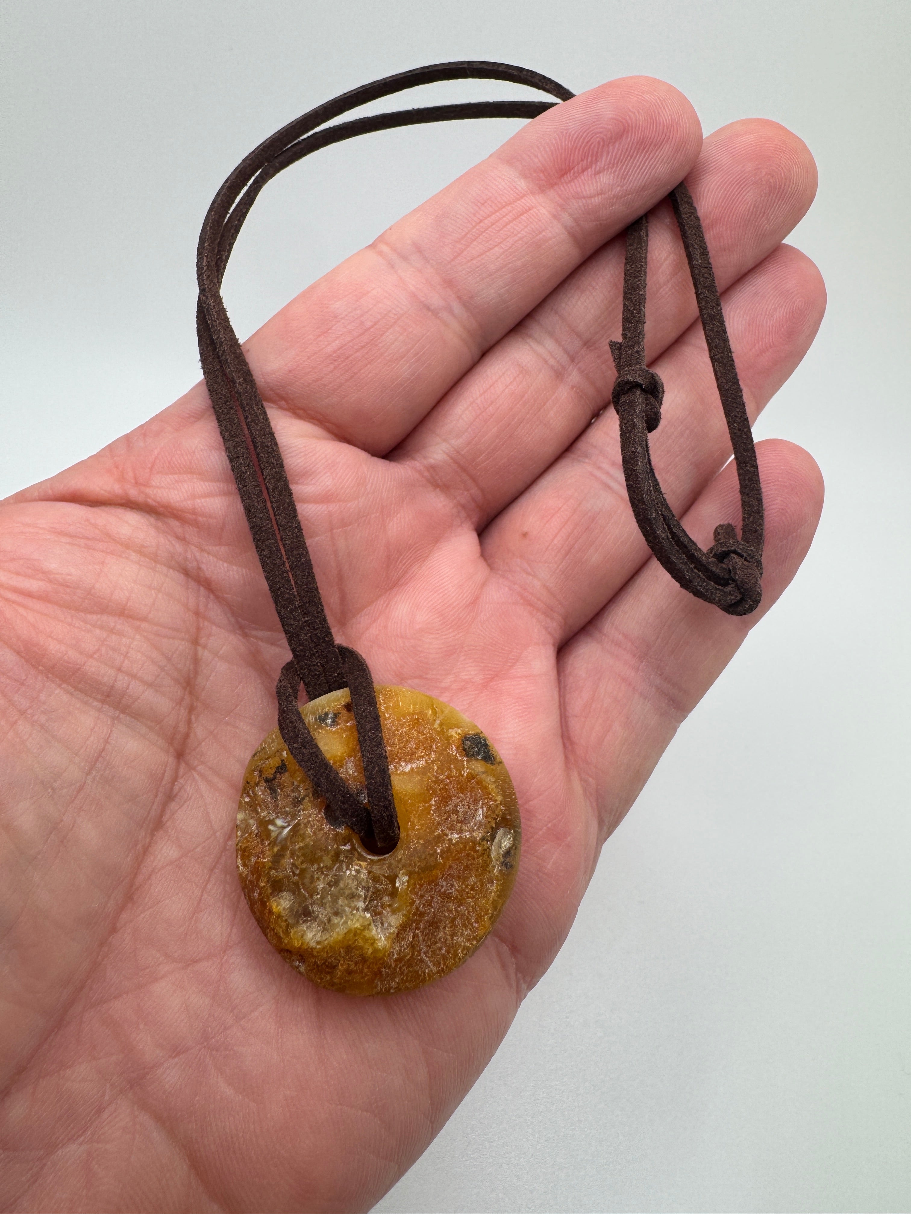 Handmade in Lithuania Genuine Butterscotch Baltic Amber Donut Pendant on Leather Cord – Men’s Natural Amber Necklace
