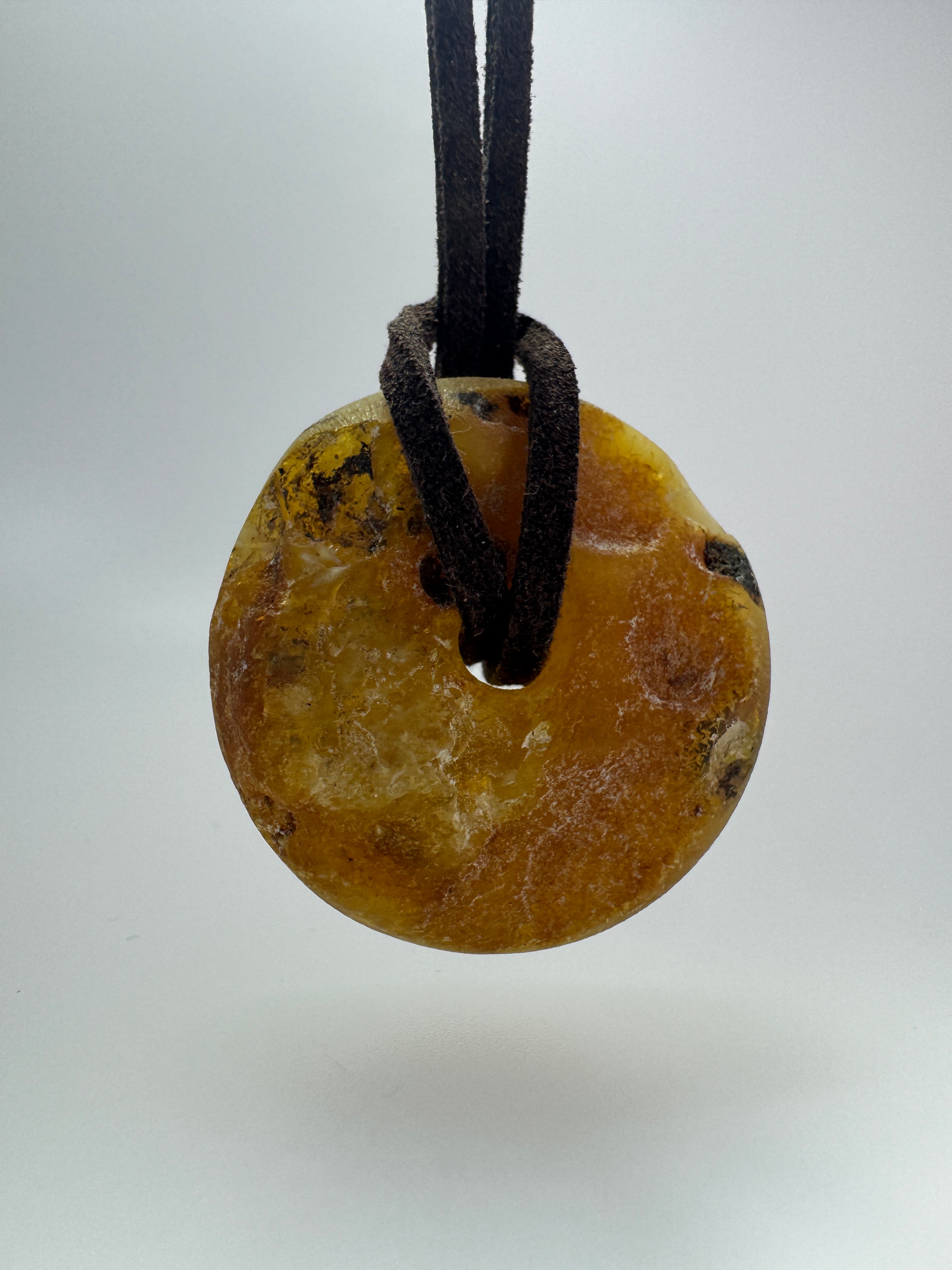 Handmade in Lithuania Genuine Butterscotch Baltic Amber Donut Pendant on Leather Cord – Men’s Natural Amber Necklace
