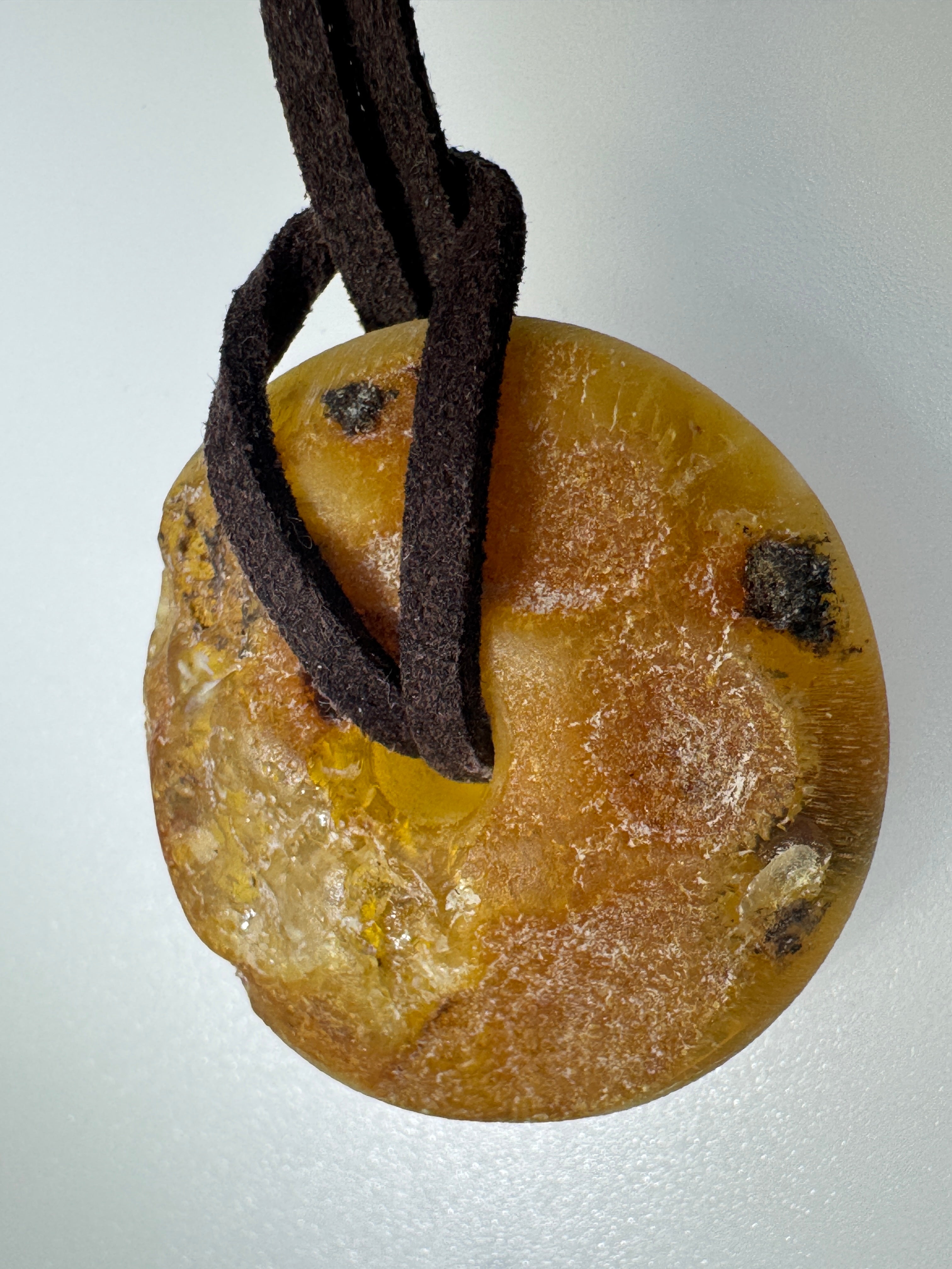 Handmade in Lithuania Genuine Butterscotch Baltic Amber Donut Pendant on Leather Cord – Men’s Natural Amber Necklace
