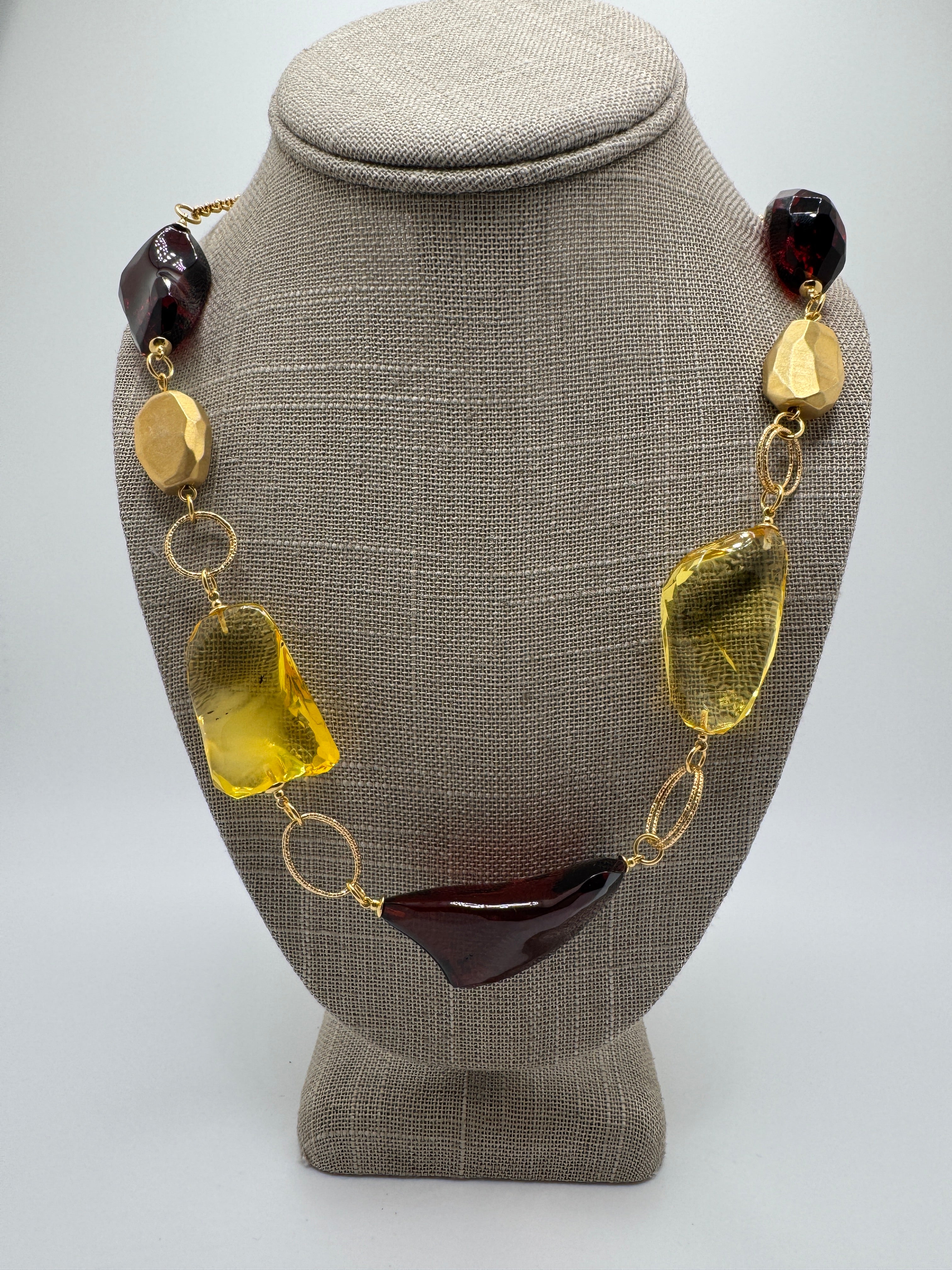 Handmade in Lithuania Gold-Platted Sterling Silver Baltic Amber Multi-Stone Boho Necklace – Cherry and Lemon Amber